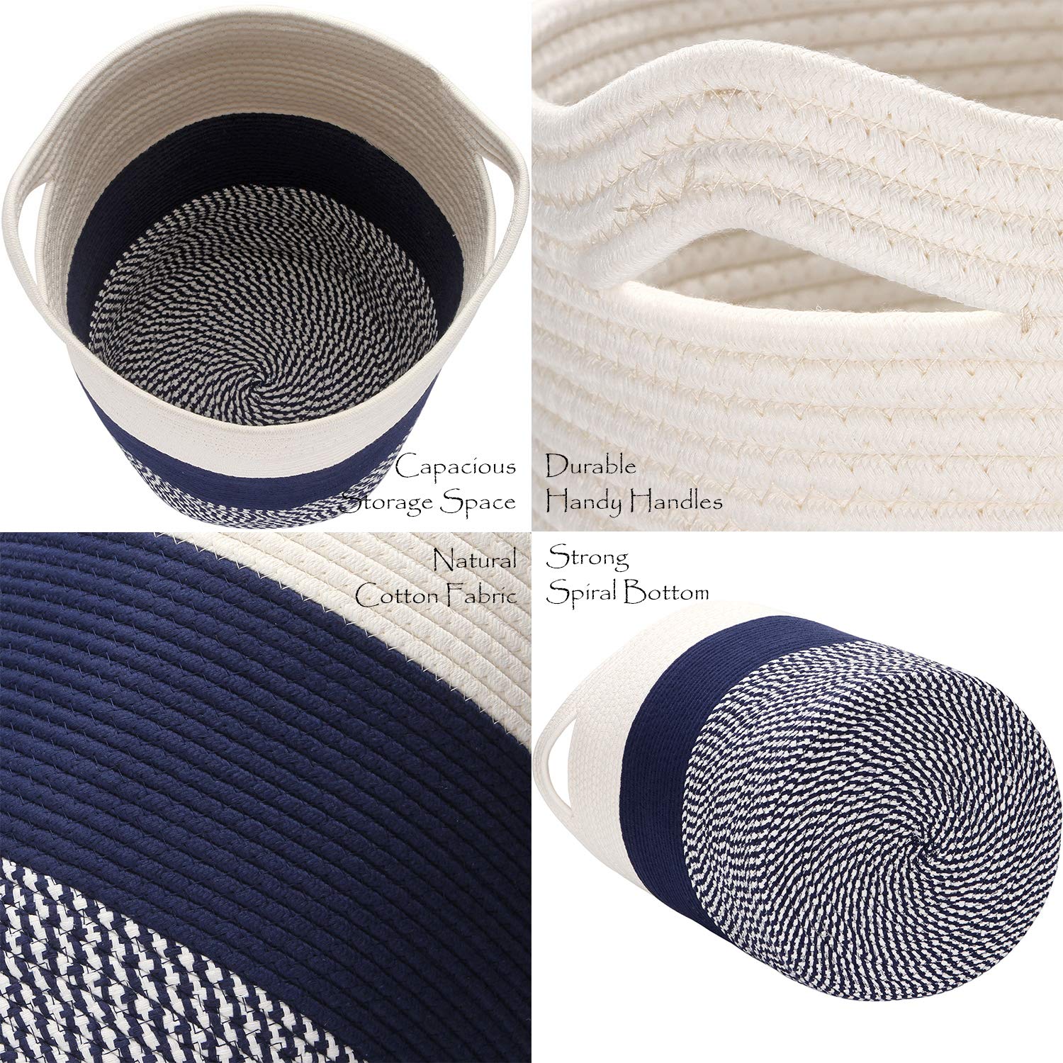 Sea Team Large Size Cotton Rope Woven Storage Basket With Handles, Laundry Hamper, Fabric Bucket, Drum, Clothes Toys Organizer F