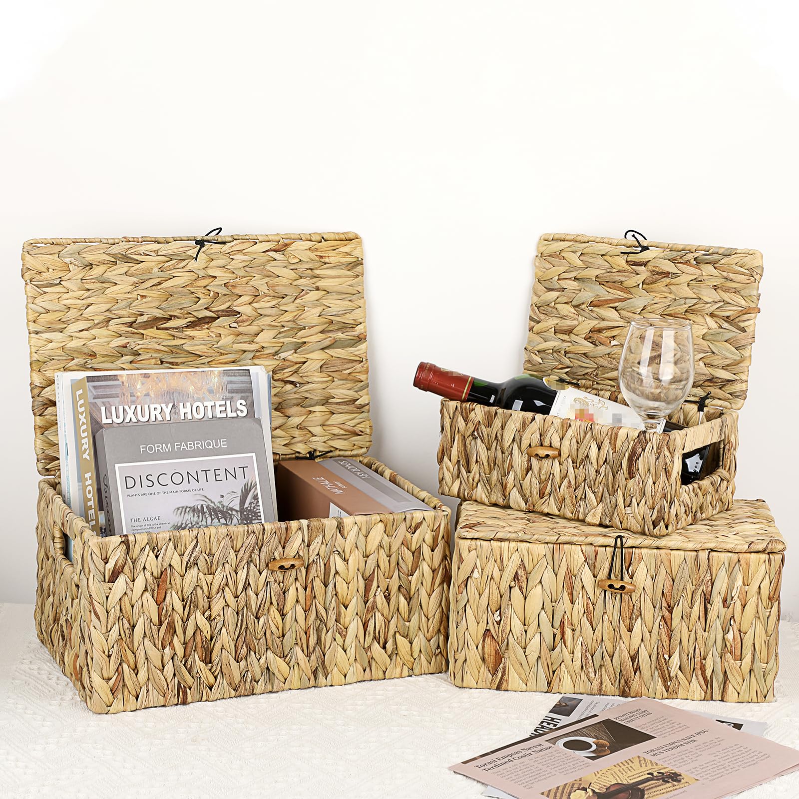 Hipiwe Wicker Baskets Bin For Shelf Organizing, Handwoven Water Hyacinth Storage Basket Bins With Lid, Decorative Basket Box Wit