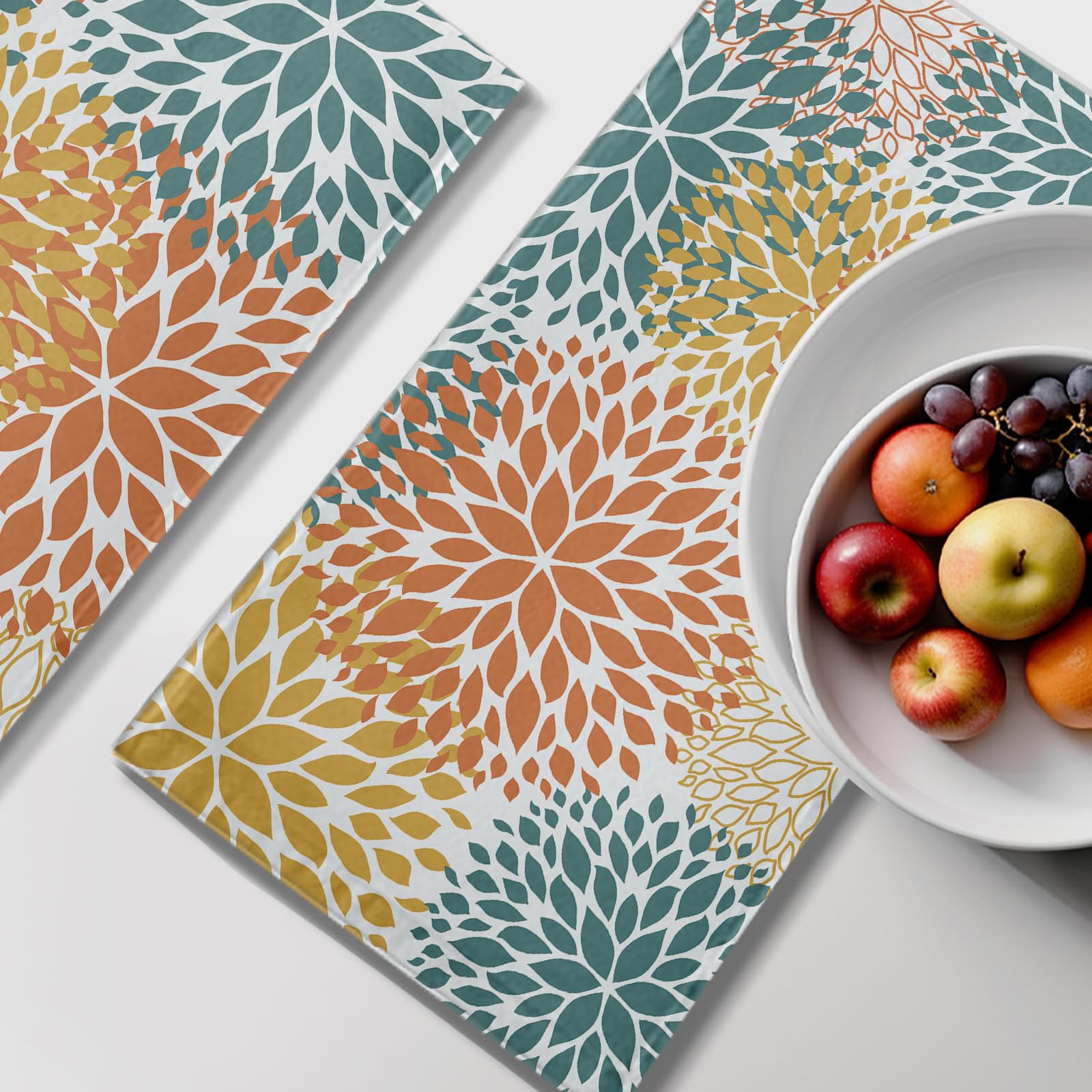 Lealeg Dahlia Floral Hand Towel Set Of 2 Orange And Yellow Flower Kitchen Dish Towels Abstract Geometric Tea Towel Spring Green