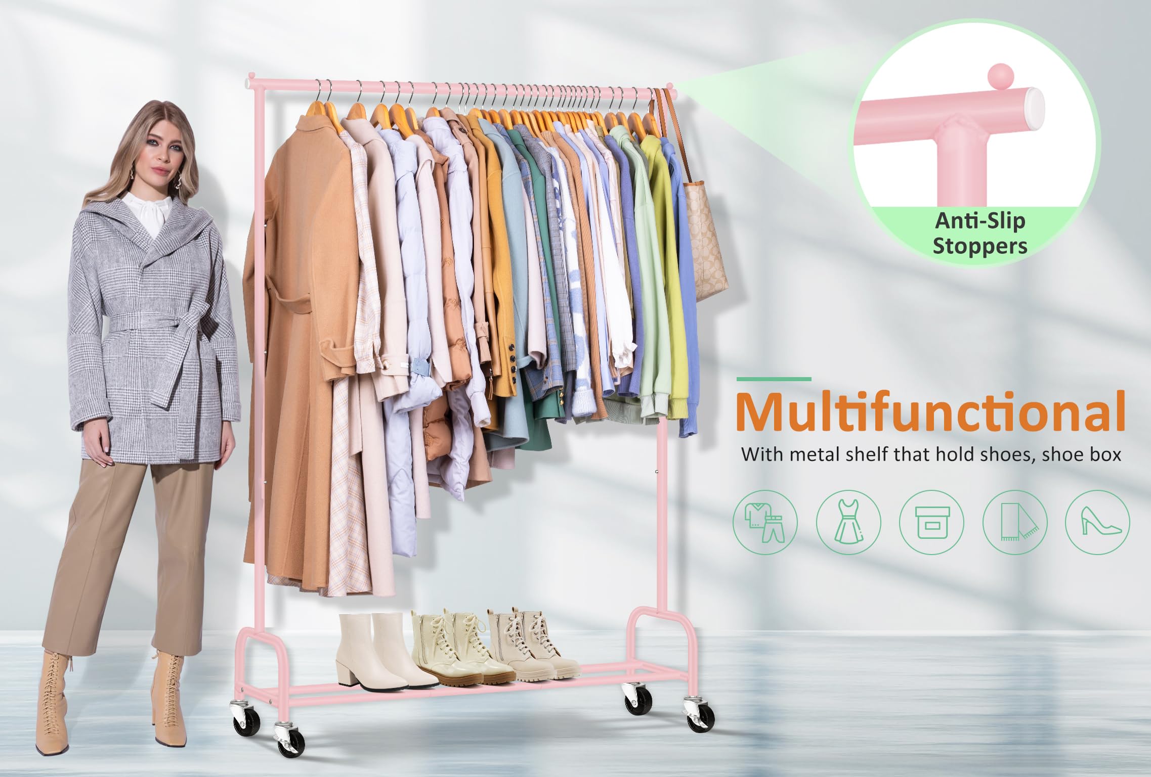 Sleeping Lamb Heavy Duty Clothing Racks For Hanging Clothes Rack, 43'' Wide Rolling Garment Rack Metal Clothing Hanger Rack With