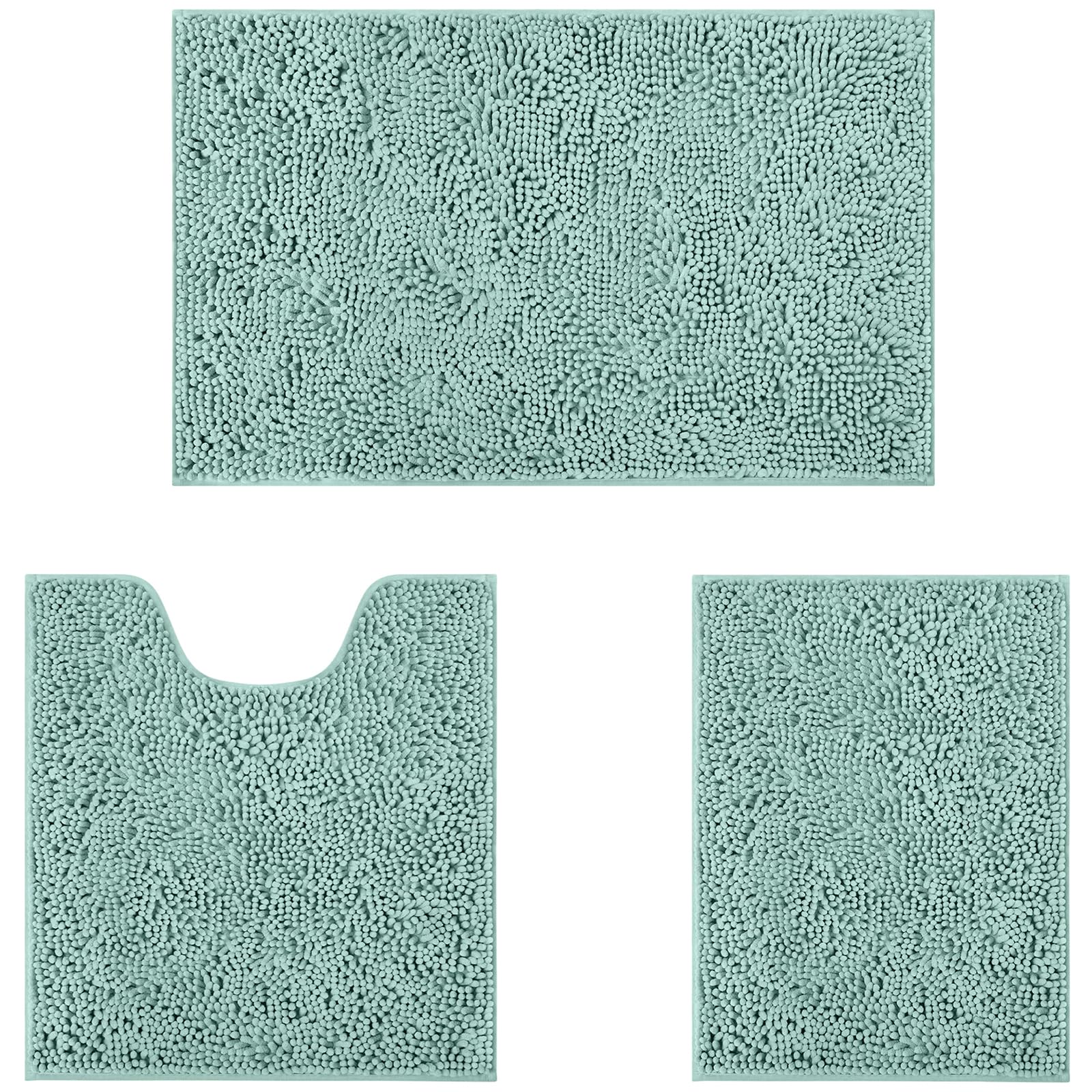 Homeideas 3 Pieces Bathroom Rugs, Ultra Soft Non Slip Absorbent Chenille Toilet Bath Mat Set (Eggshell Blue)