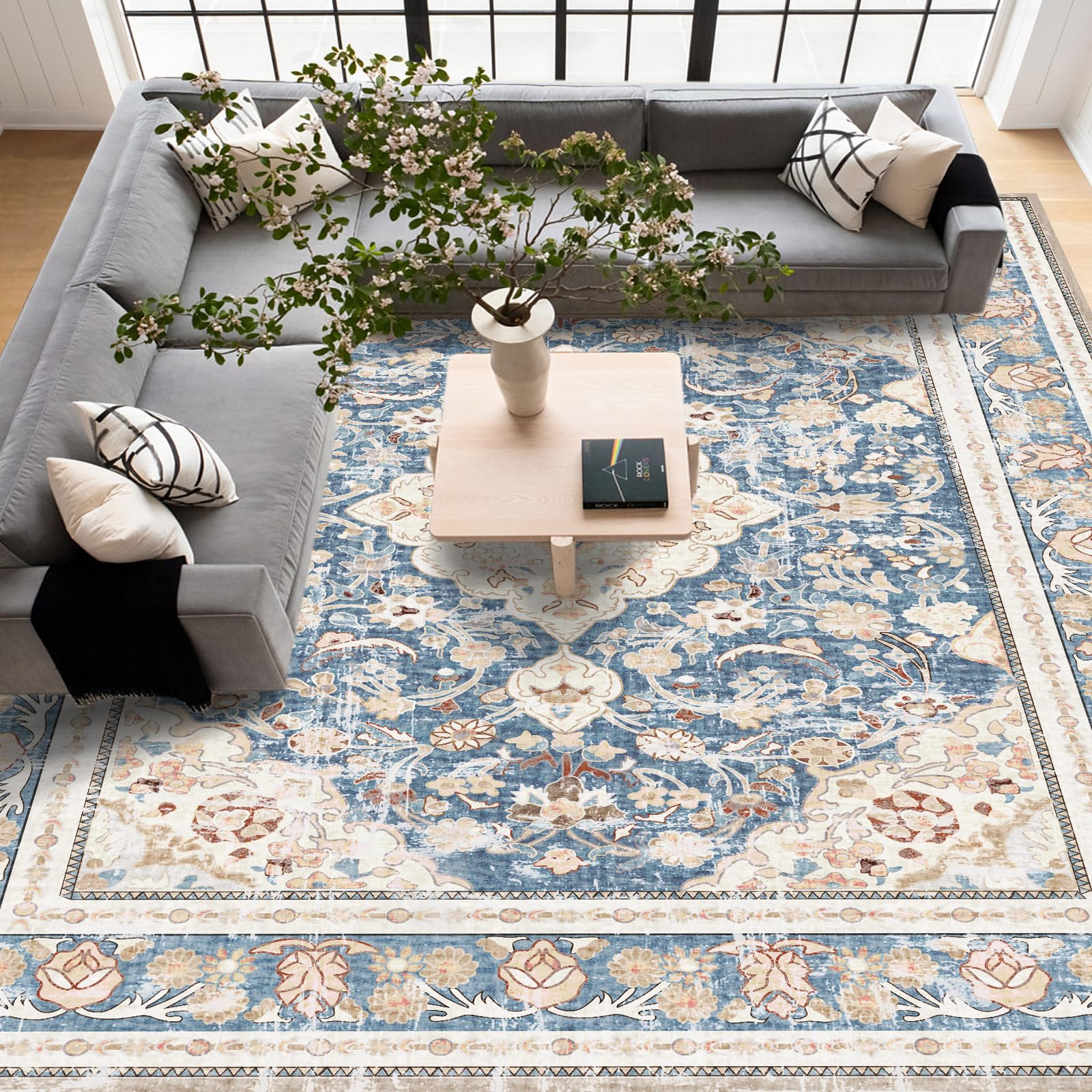 Vhong Washable Area Rugs Boho Vintage Modern Neutral Large Carpet Blue High Traffic Rugs 9  12 for Dinning Room Living Room Bedr