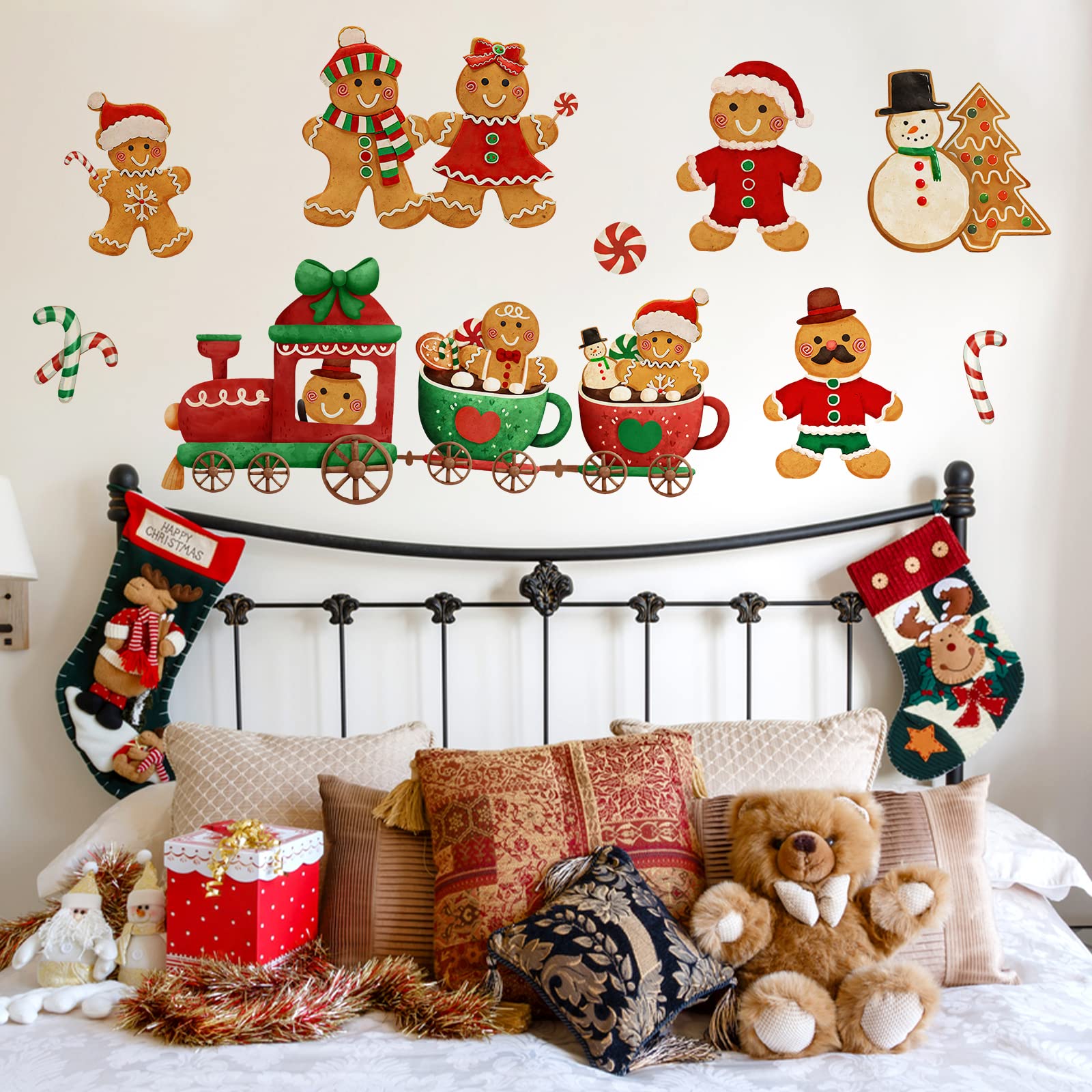 Yovkky Christmas Gingerbread Man Wall Decals Stickers, Xmas Snowman Santa Claus Winter Home Bedroom Decor, 2024 New Year Candy C