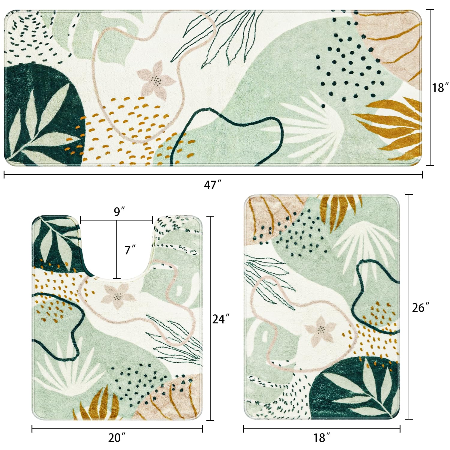 Uphome Bathroom Mat Rug Set, Cute Green Plant Toilet Rugs U Shaped, Abstract Non Slip Washable Bathroom Floor Mats Sets, Soft Ve
