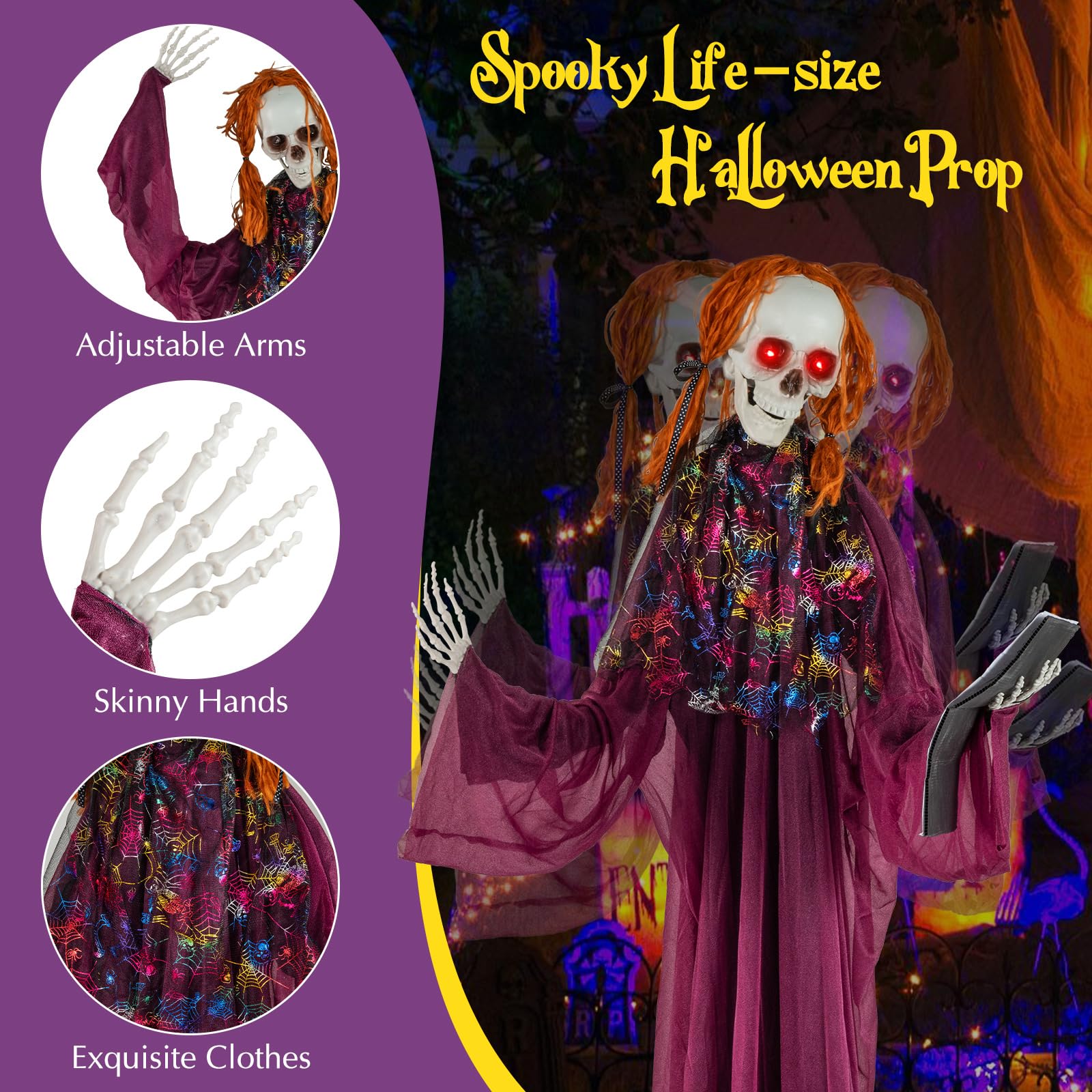 Tangkula 6 FT Halloween Animatronic Skeleton Girl with Book, Scary Animated Prop with Howling Sounds, Red Flashing Eyes & Poseab