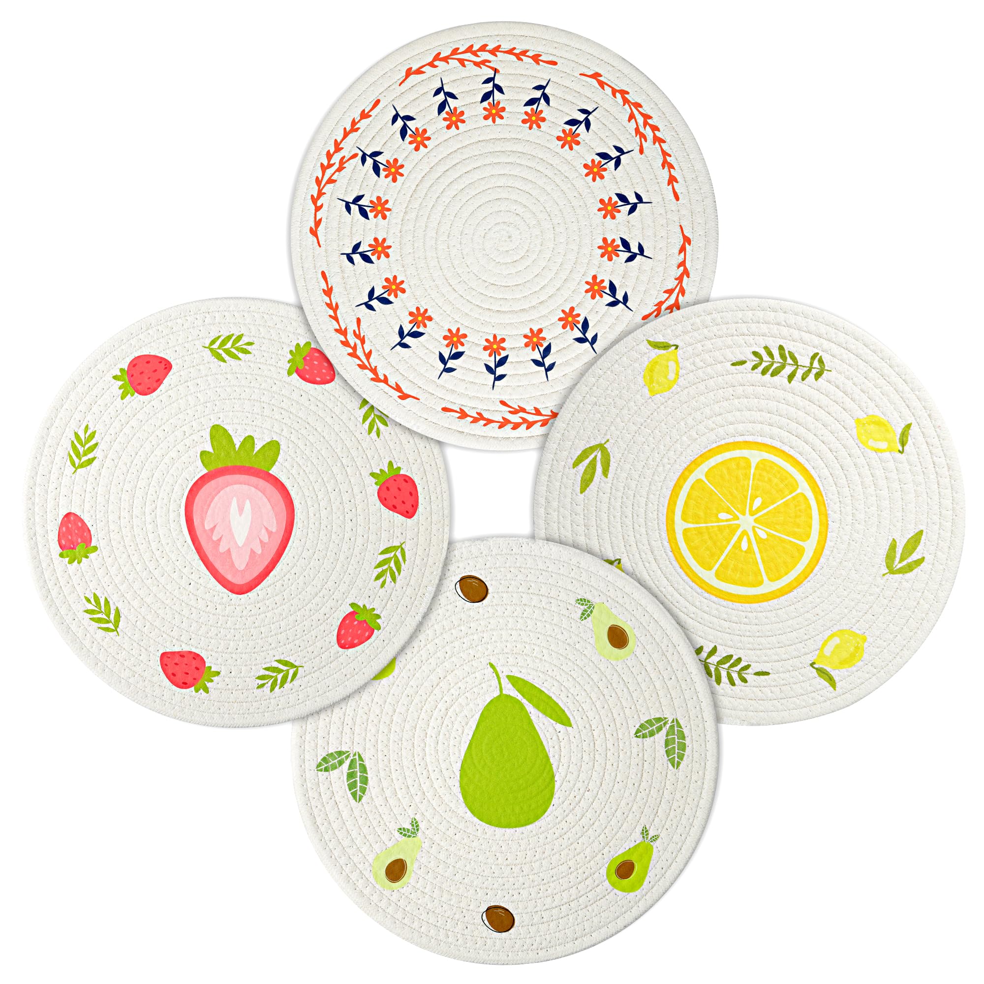 Fanquare Strawberry Avocado Orange Round Placemats Set Of 4 Fruit & Floral Pattern Rope Braided Place Mats 12 Inch Cute Fruit Ta