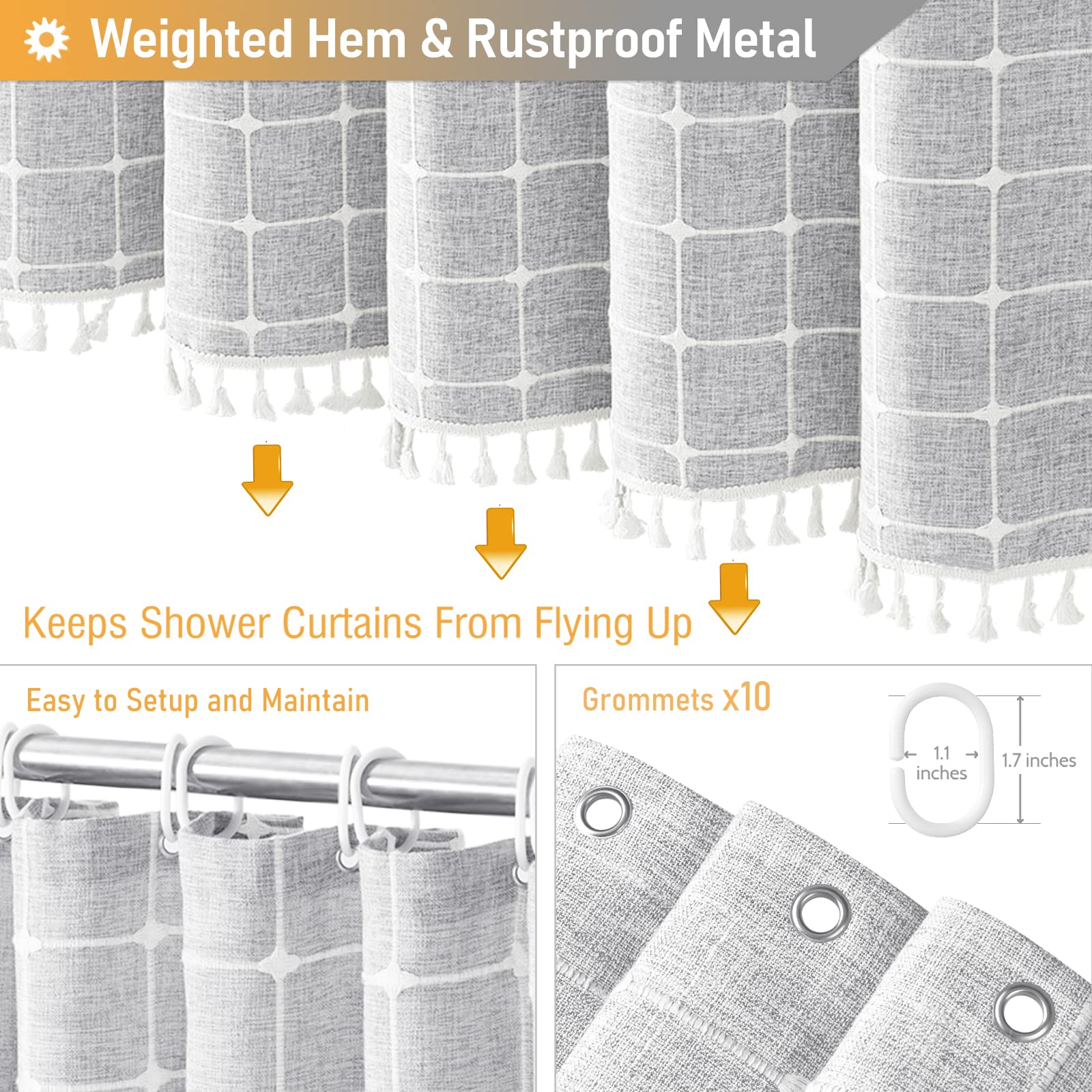 Bttn Gray Stall Shower Curtain - 60 X 72 Inch Narrow Boho Farmhouse Linen Vintage Fabric Shower Curtain Set With 10 Hooks, Bohem