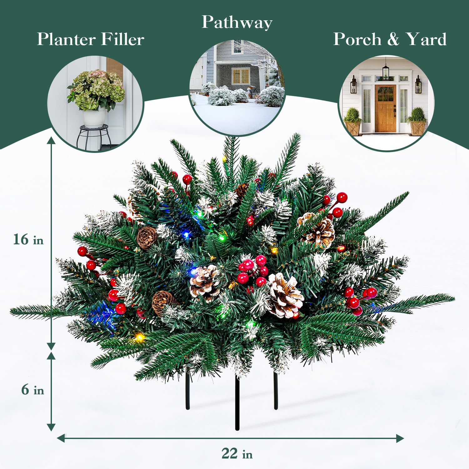 Christmas Urn Filler with Lights, Prelit Christmas Pot Fillers Outdoor Front Porch, Battery Operated Xmas Planters for Front Por