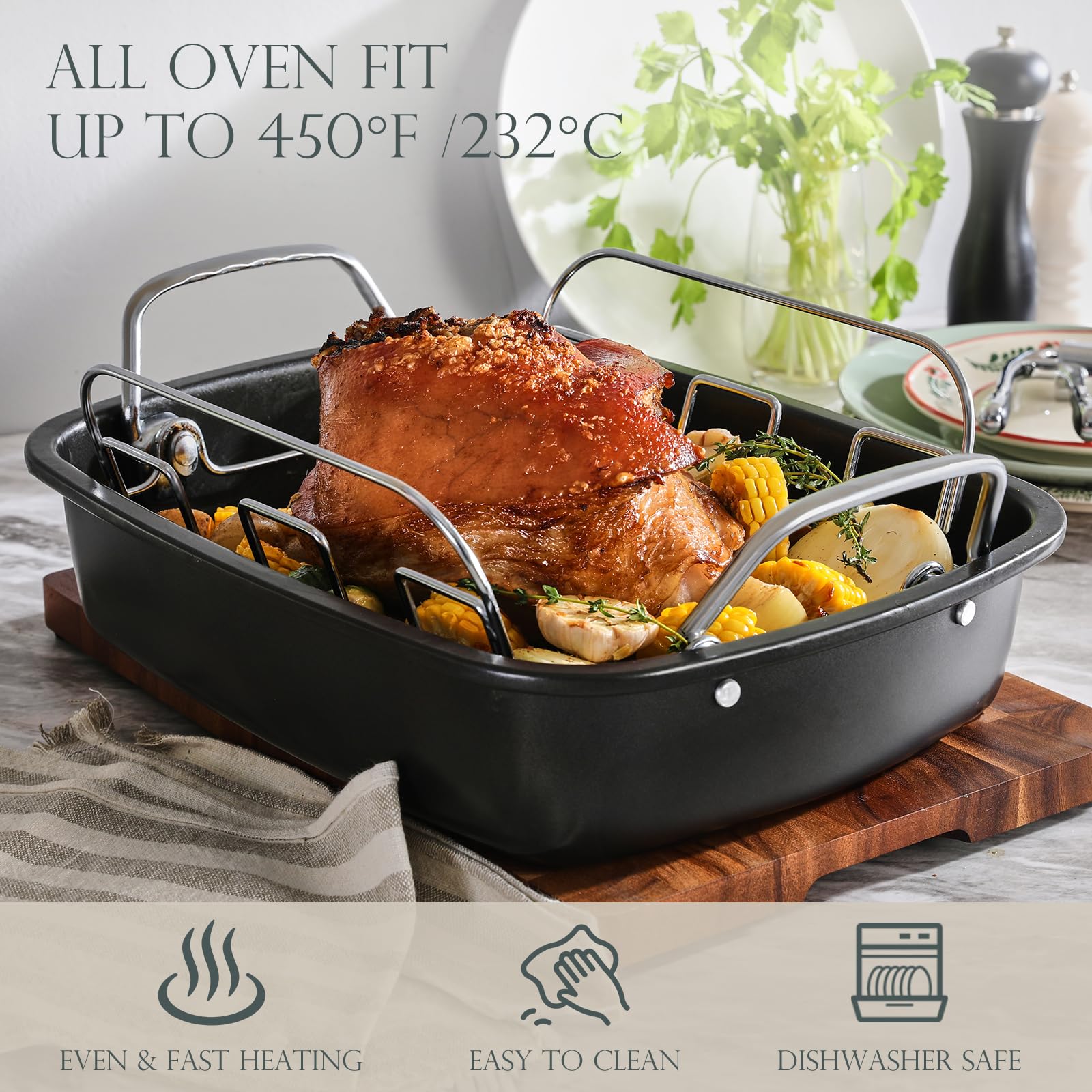 Kitessensu Nonstick Turkey Roasting Pan With Rack 17 X 14 Inch - Large Chicken Roaster Pan For Oven - Wider Handles & Heavy Duty