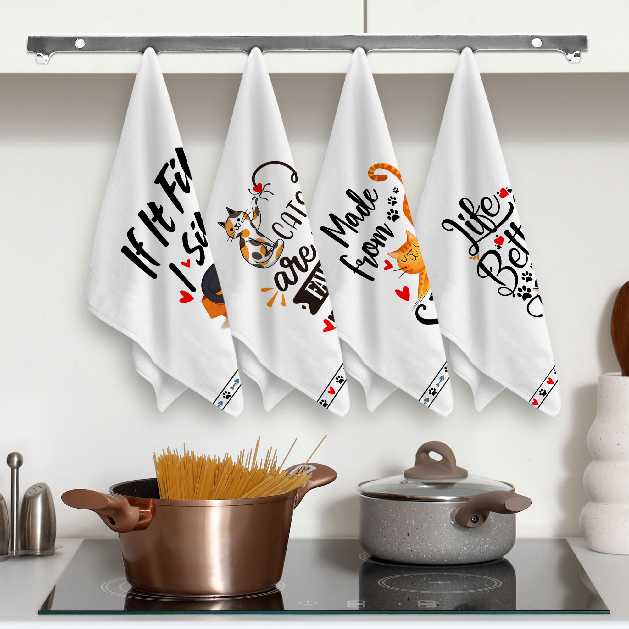 Hexagram Cat Lover Gifts For Women, Funny Cat Kitchen Towels Set Of 4, Cat Mom Gifts, Cat Hand Towels For Kitchen, Housewarming