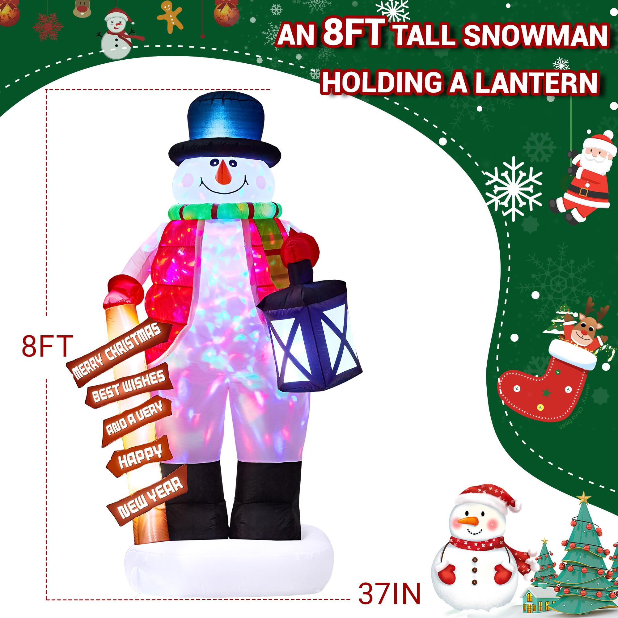 8FT Christmas Inflatable Giant Snowman Outdoor Decorations, Blow Up Snow Man Yard Decor with LED Lights, Magic Hat, Weatherproof