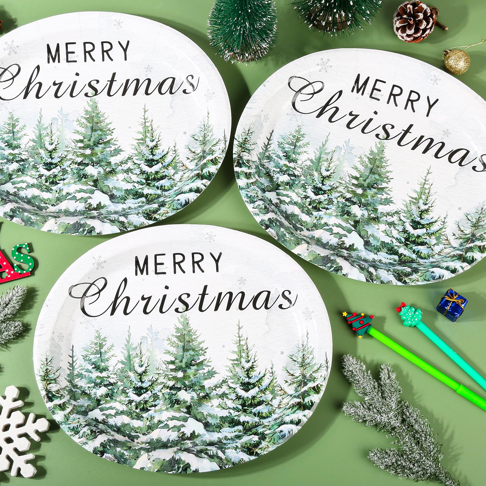 Purhapfre 50Pcs Christmas Paper Plates Christmas Green Tree Oval Plates Heavy Duty Holiday Large Disposable Oval Party Plates Xm