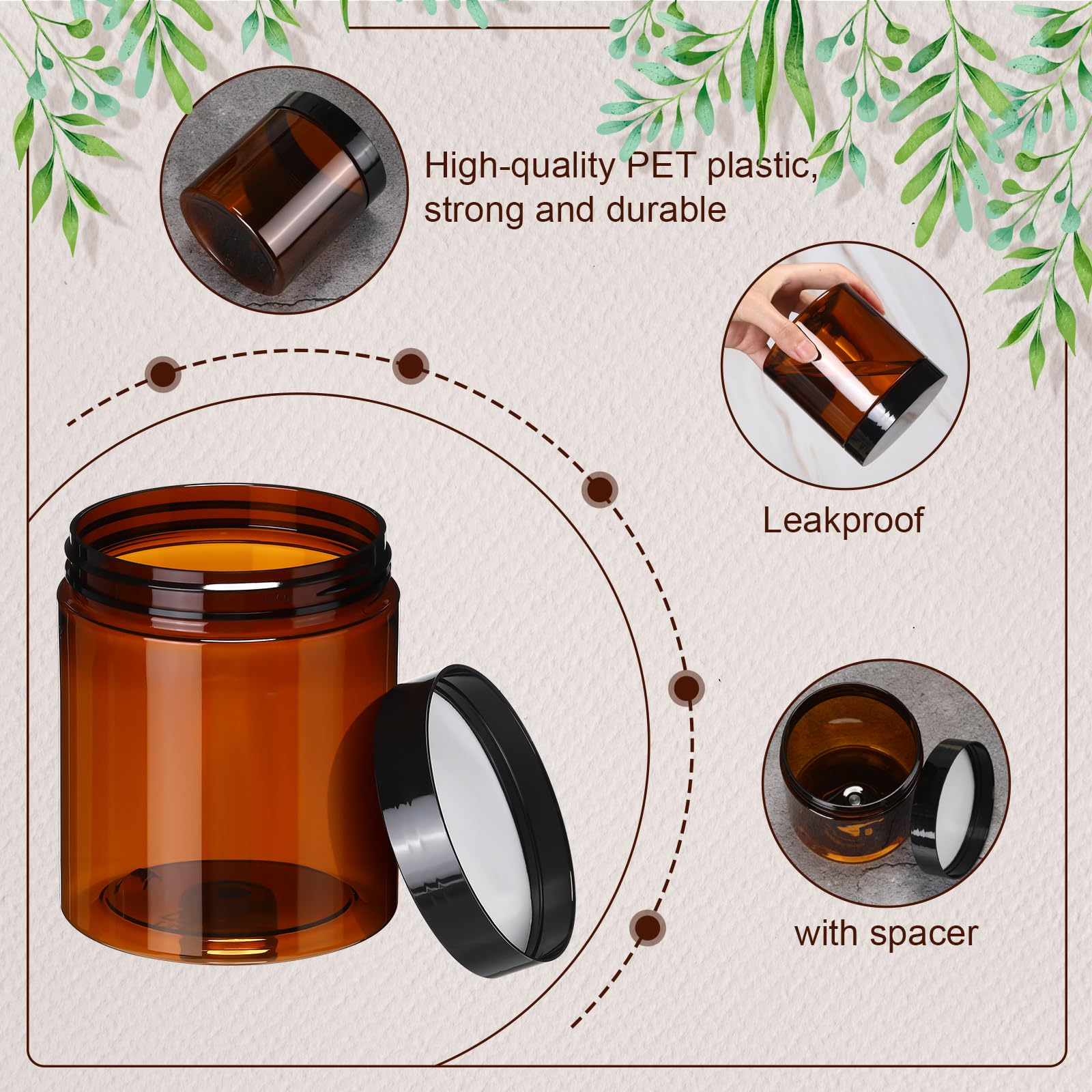 Tanlade 24 Pcs 16 oz Amber Plastic Jars with Lids Round Cosmetic Containers Leak Proof Refillable Empty Containers for Creams Lotion Body Butter Oil Ointments Powders Beauty Products Travel Storage