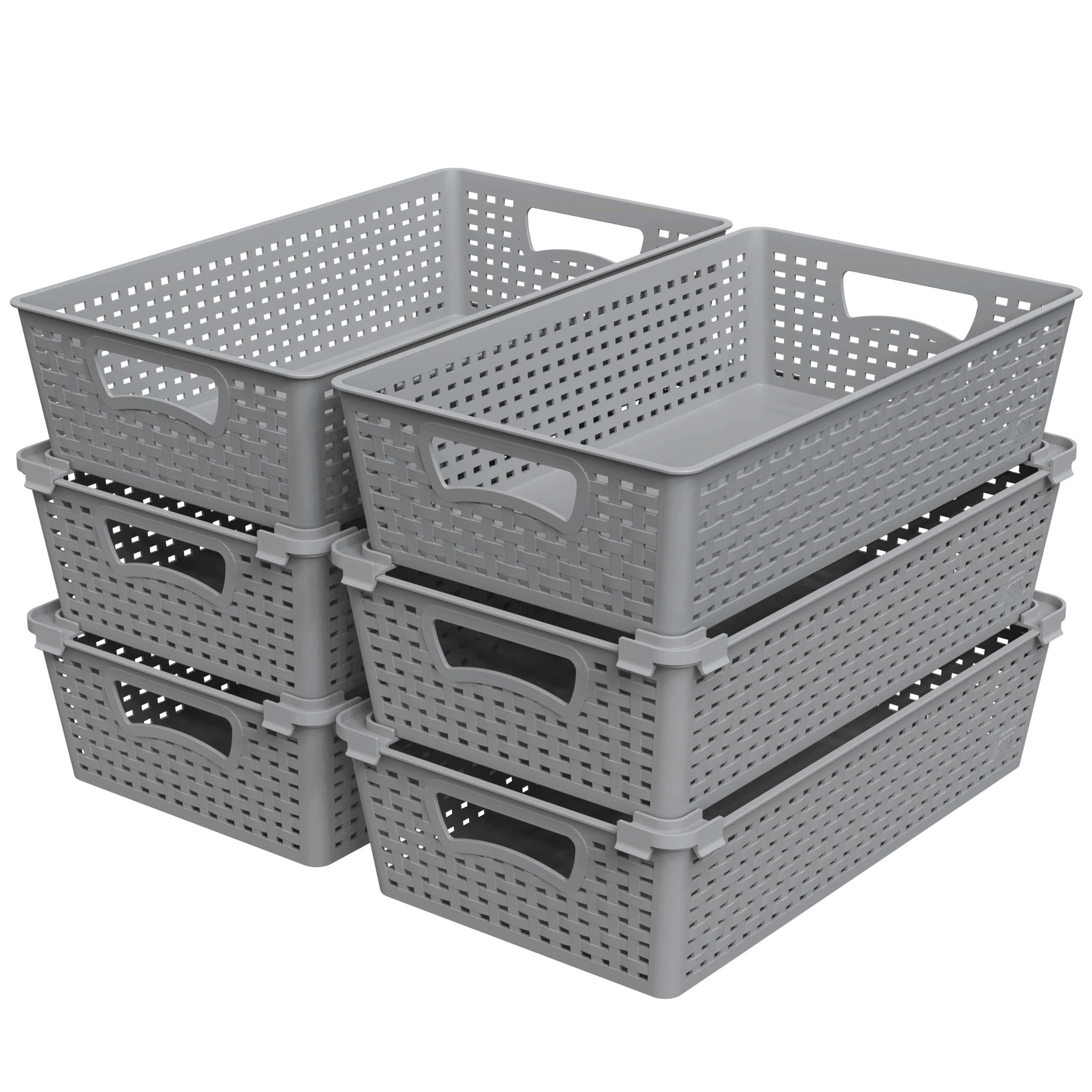 Simple Houseware Stackable Plastic Woven Basket Organizer, 6 Pack, 14.5'' X 8.5'' X 3.5'', Gray
