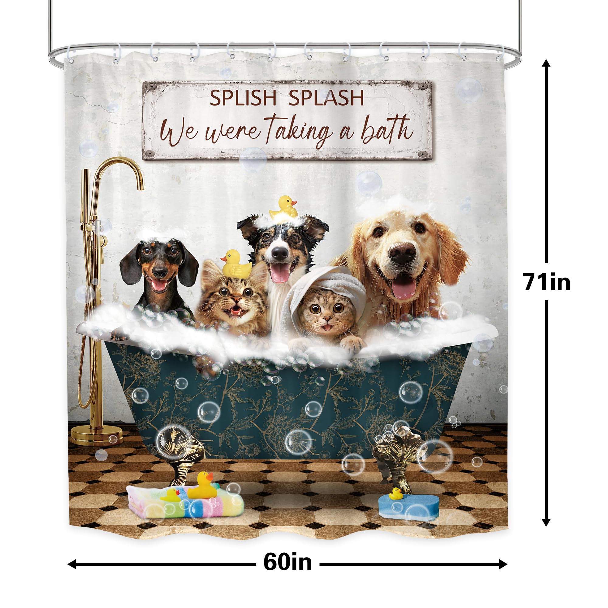 Lghtyro Funny Dogs Cats Shower Curtain Bathroom Set 60Wx71H Inches Wash Your Paws Doggy Cute Lovely Rustic Animals For Kids Boys