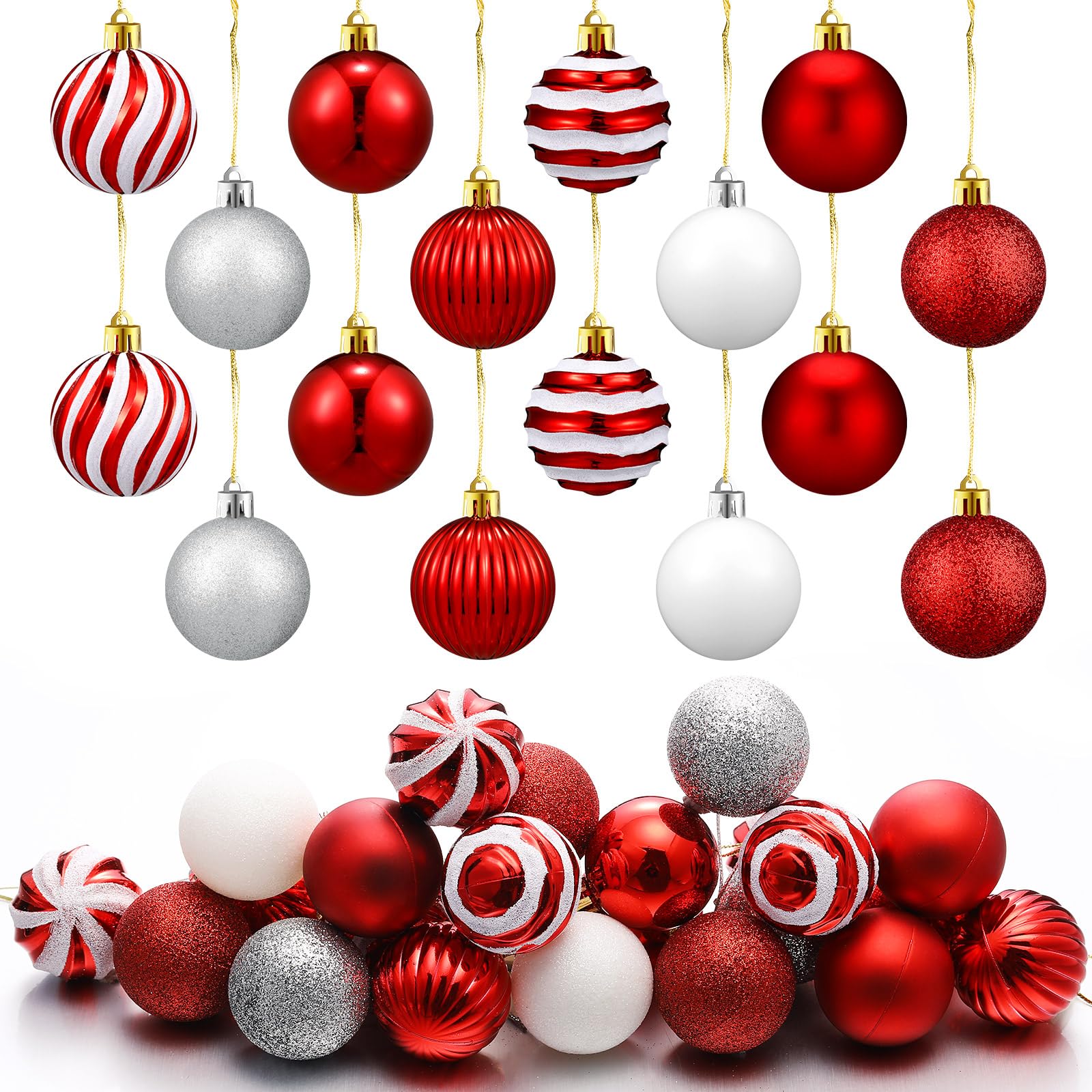 Motionchic 24 Pcs Christmas Ball Ornaments Hanging Glitter Shatterproof Mini Candy Balls Red White Plastic Christmas Tree Decora