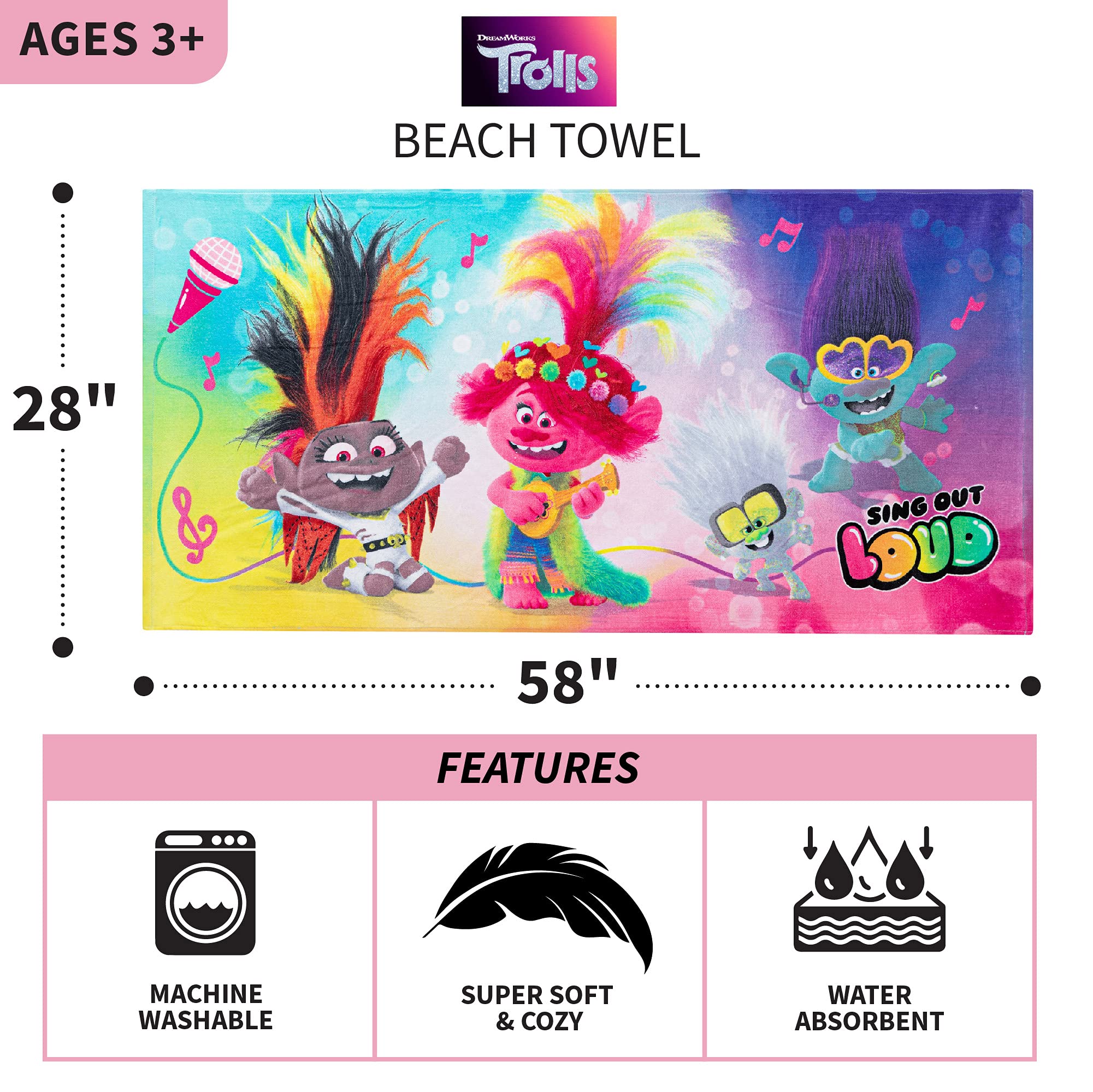 Franco Kids Super Soft Cotton Bath/Pool/Beach Towel, 58 In X 28 In, Trolls World Tour