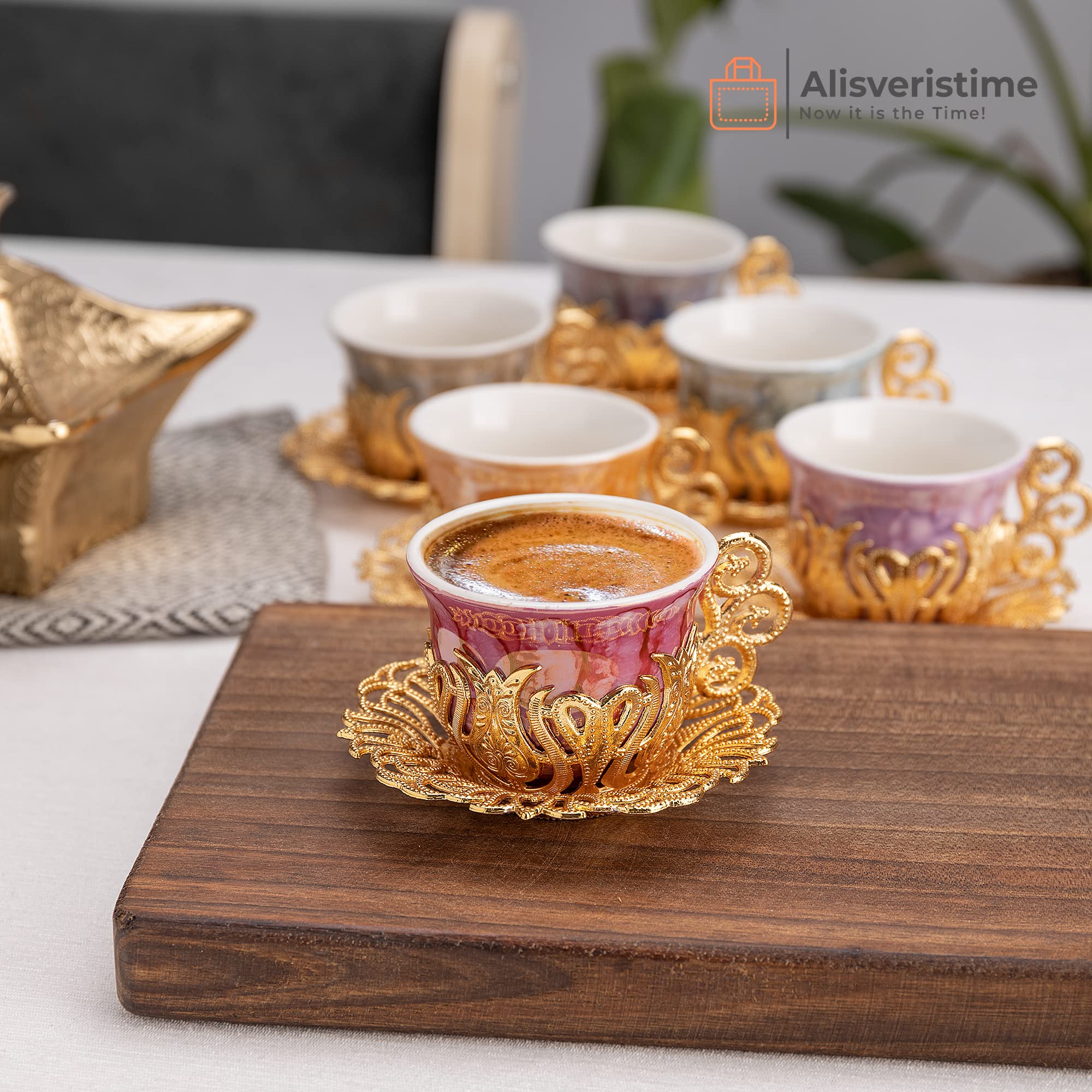 Alisveristime 12 Pc Turkish Greek Arabic Coffee Espresso Cup Saucer Porcelain Set (Gold)