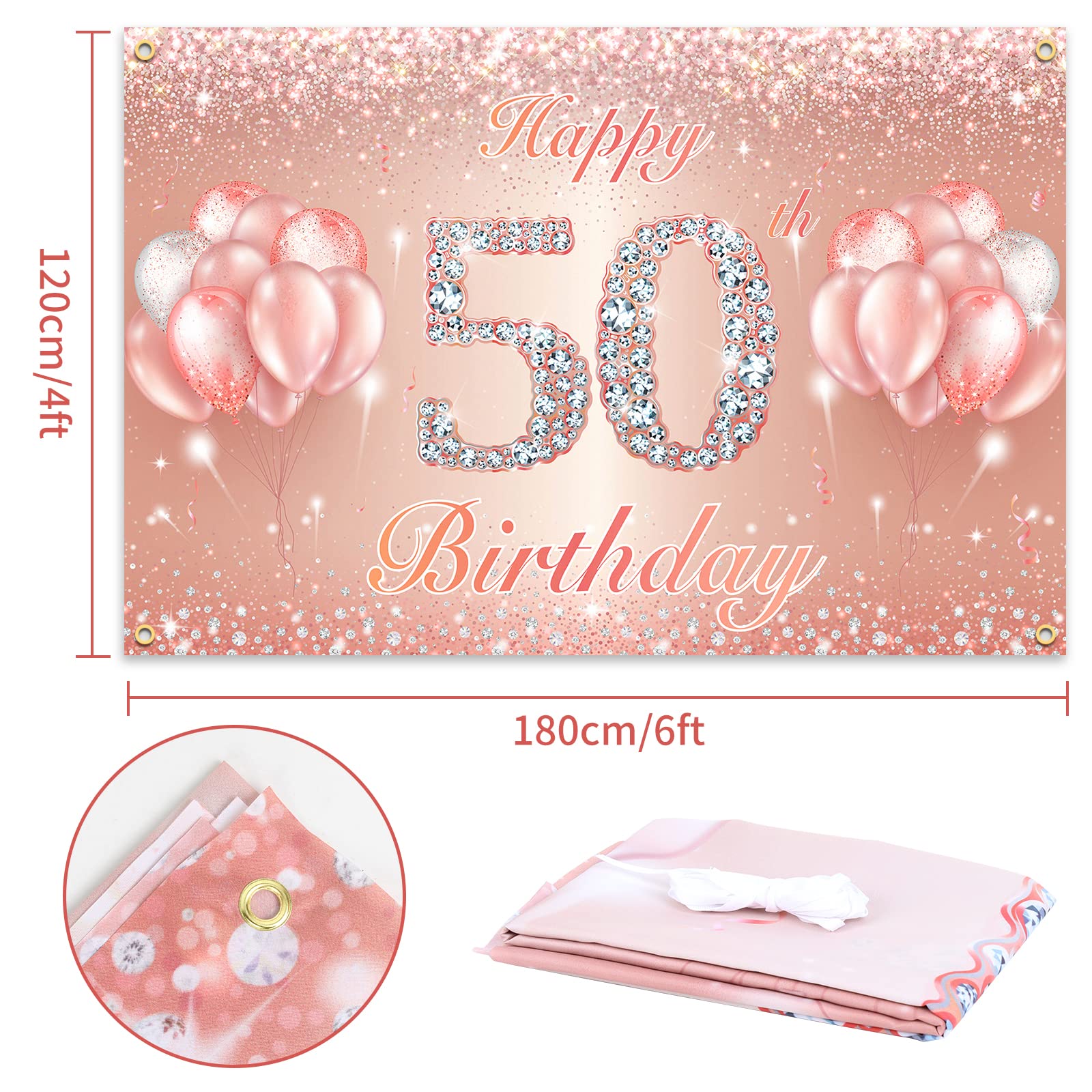 Happy 50Th Birthday Banner Backdrop - 50 Birthday Party Decorations Supplies For Women Or Men - Rose Gold 4 X 6Ft