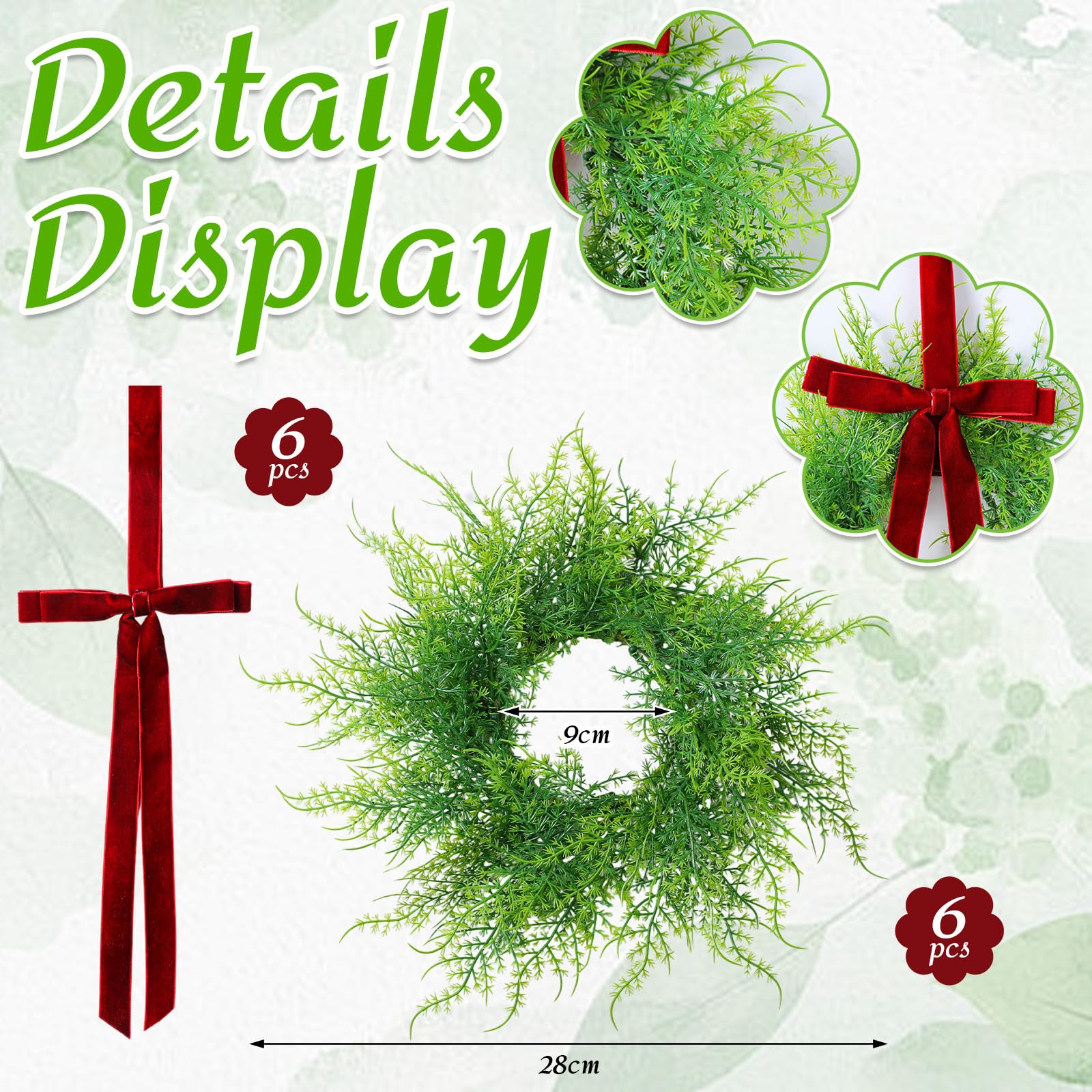 XunYee 6 Pack Small Christmas Wreath for Cabinet Home Kitchen Whimsical Decor with Velvet Bow 11 Persian Grass Lime Green Green