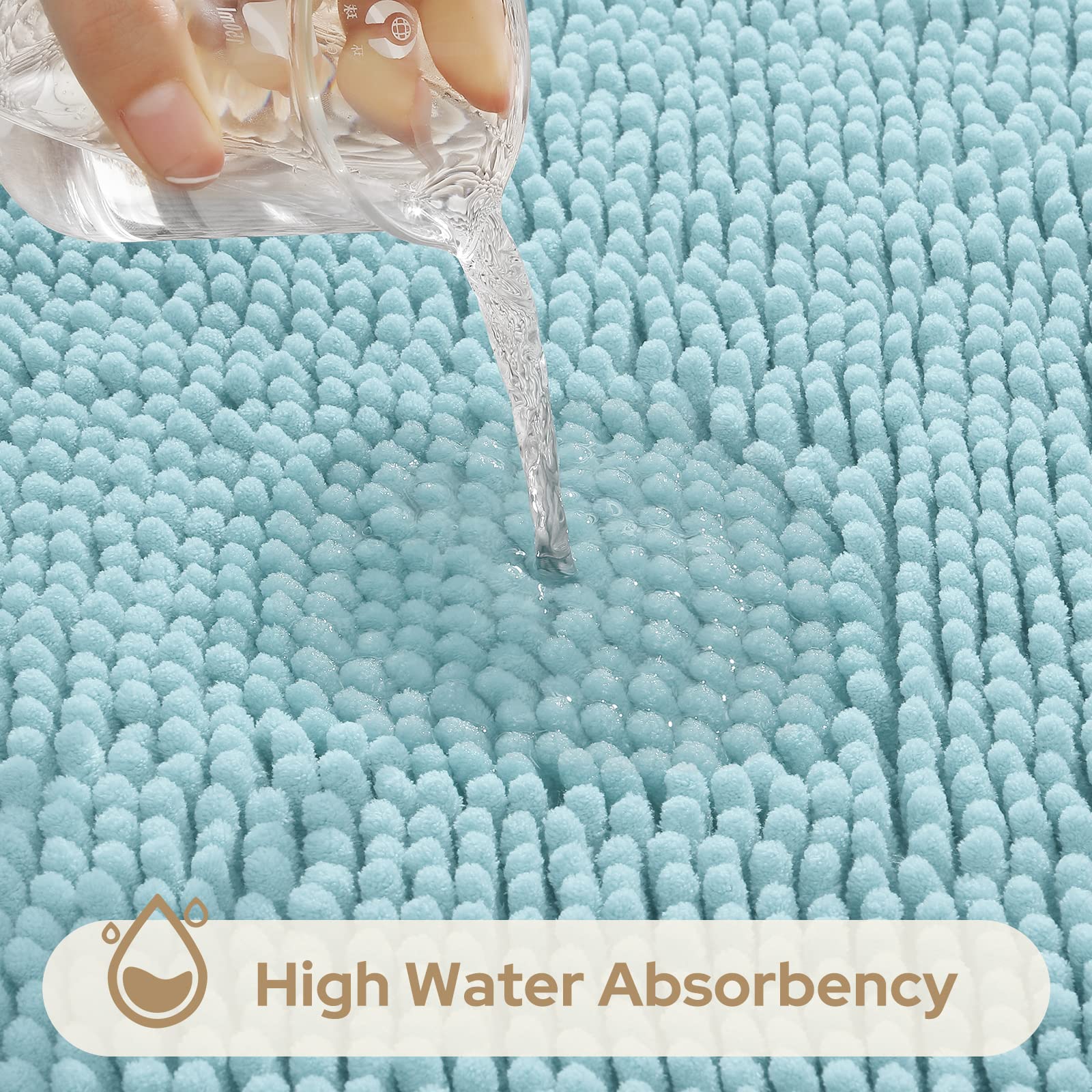 HOMEIDEAS 3 Pieces Bathroom Rugs  Ultra Soft Non Slip Absorbent Chenille Toilet Bath Mat Set (Light Blue)