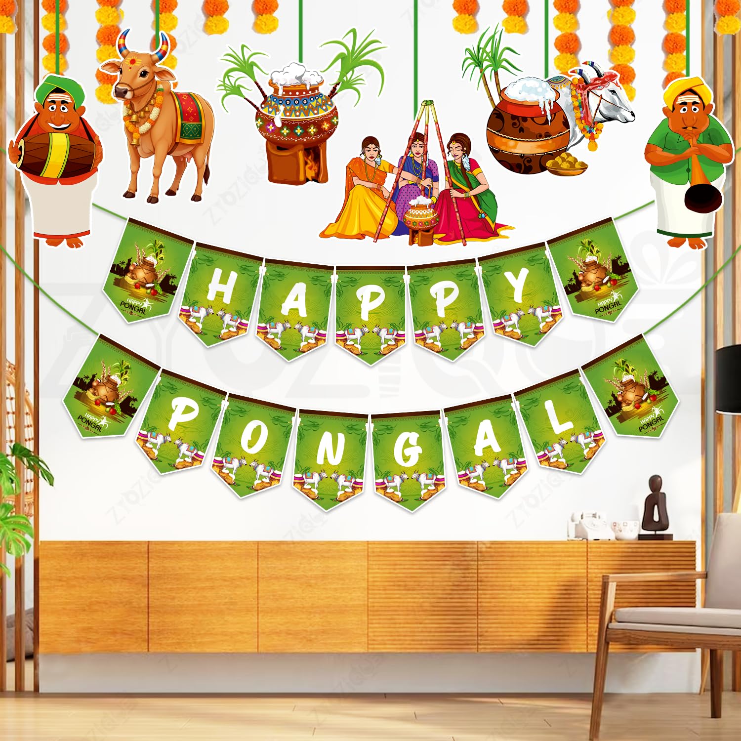 Zyozique Happy Pongal Festival Decorations Set, Green Bunting Paper Banner with Traditional Festival Theme Ceiling Hanging, Wall