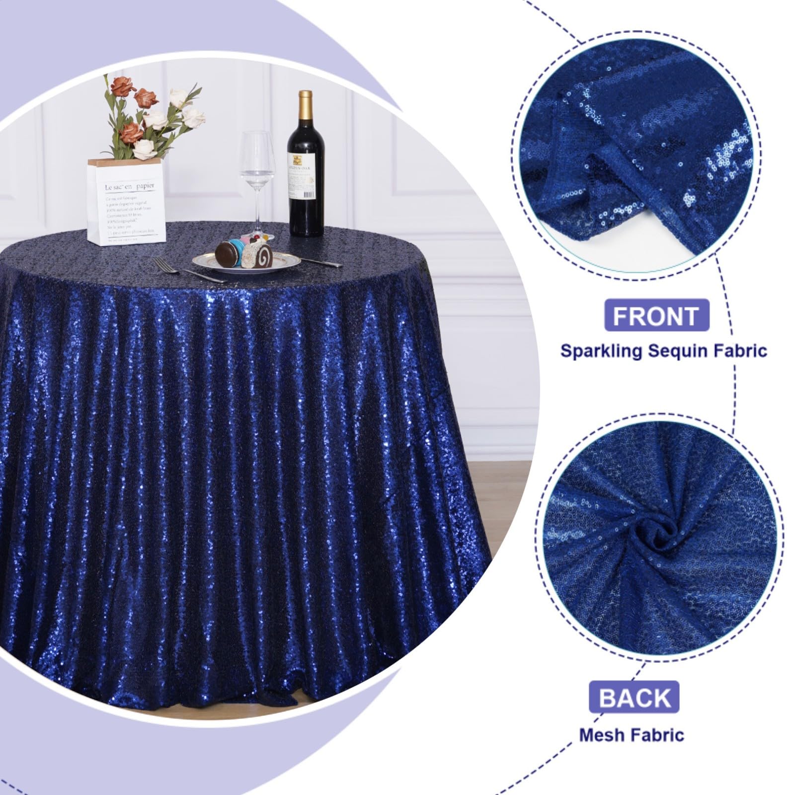 Poise3Ehome 120-Inch Round Navy Blue Sequin Tablecloth For Party Cake Dessert Table Exhibition Events