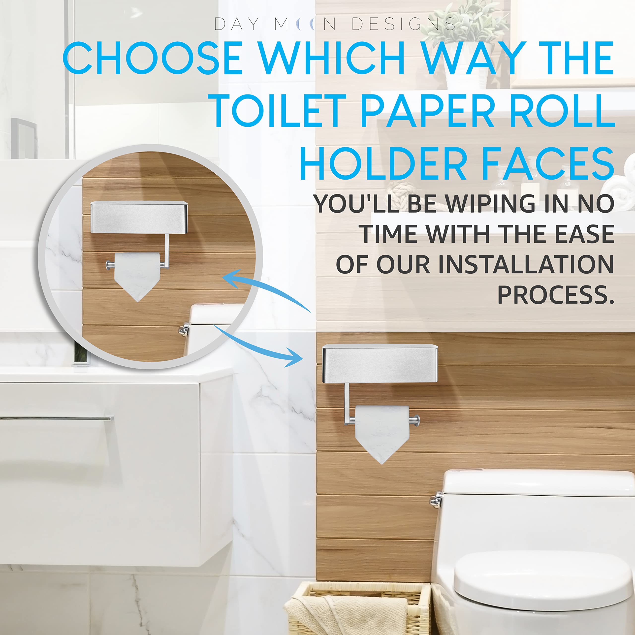 Day Moon Designs Toilet Paper Holder with Shelf  Flushable Wipes Dispenser & Storage Fits Any Bathroom  Keep Your Wet Wipes Hidden  Stainless Steel Wall Mount Bathroom Organizer  Brushed Nickel  Large