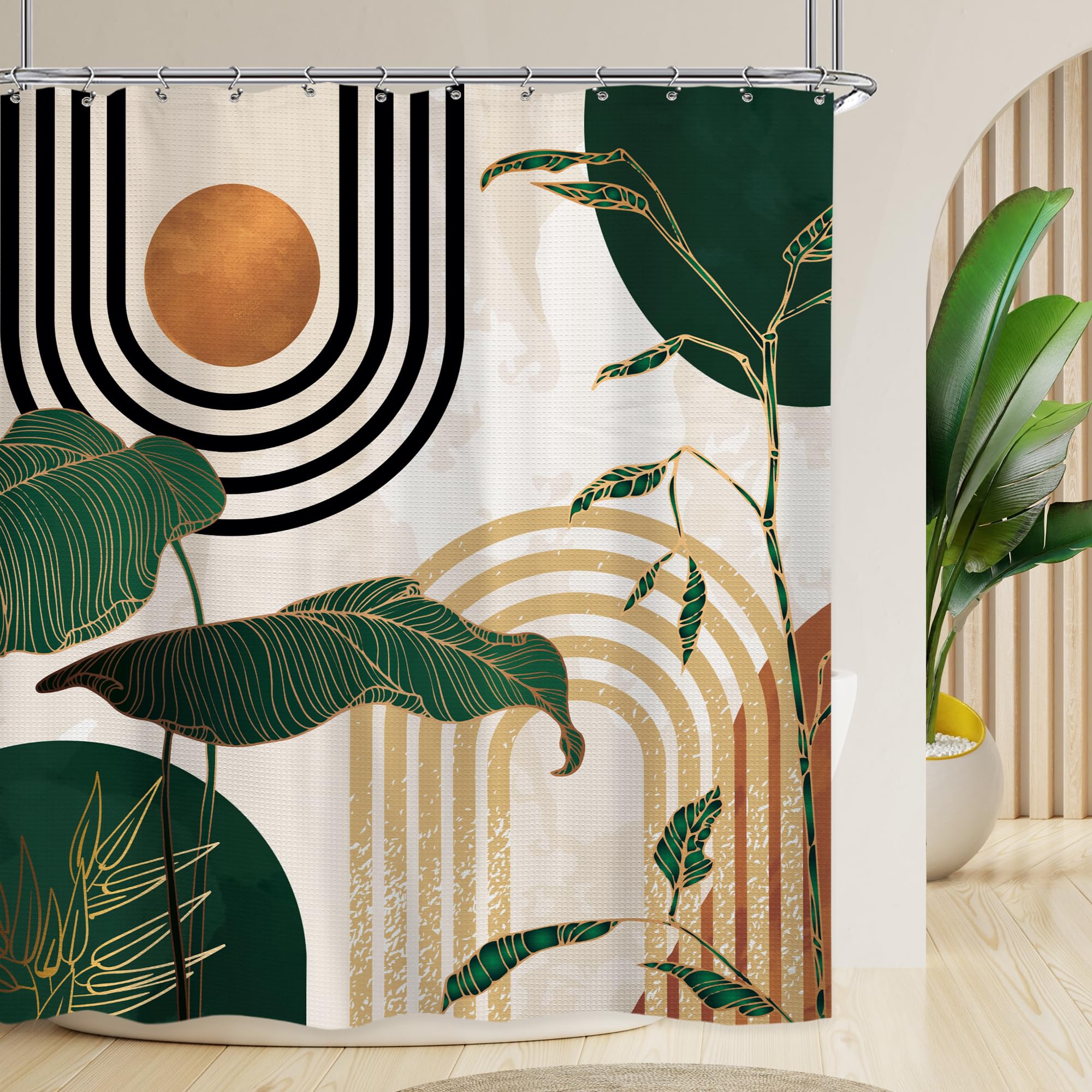 Glawry Abstract Mid Century Waffle Shower Curtain Green Boho Tropical Palm Tree Sun Arch Bathroom Modern Minimalist Aesthetic 72