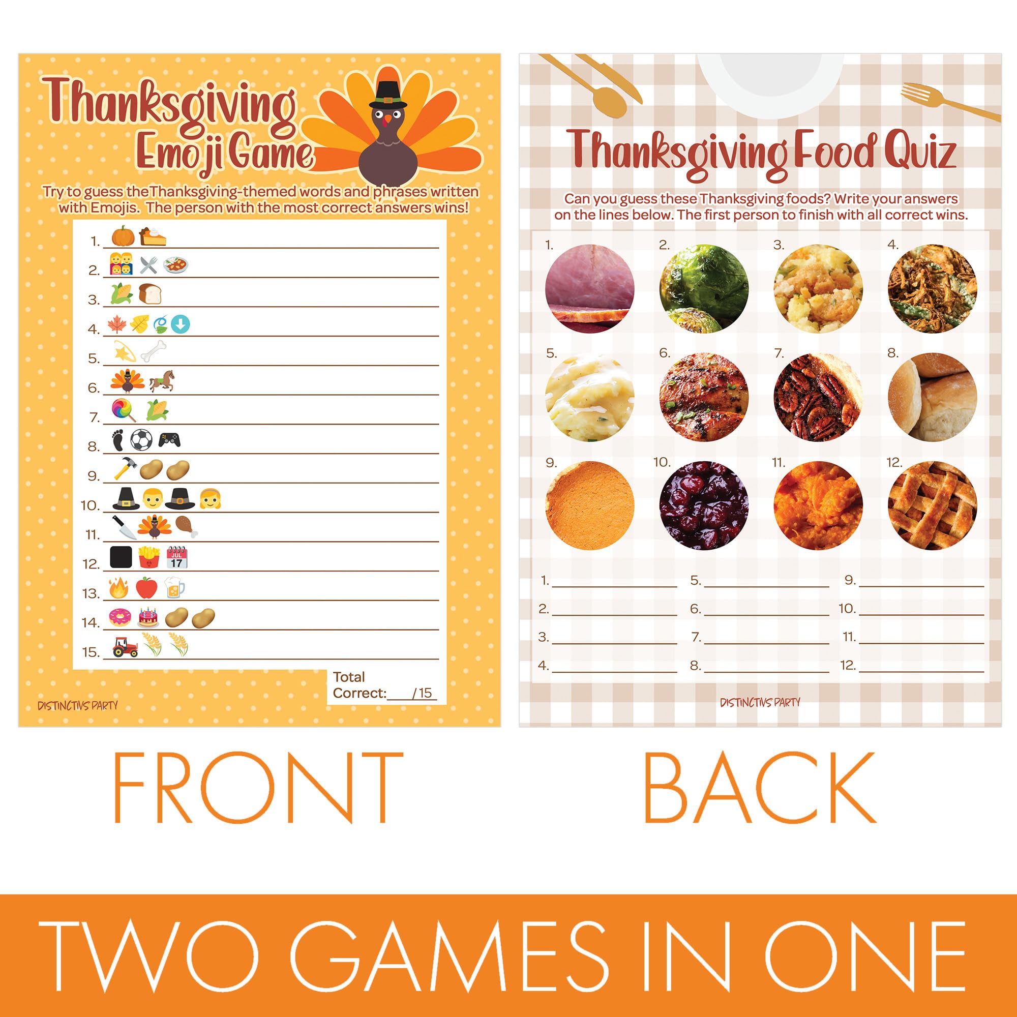 DISTINCTIVS Thanksgiving Party Games, Turkey Emoji Game and Thanksgiving Food Quiz 2 Game Bundle - 25 Dual Sided Cards
