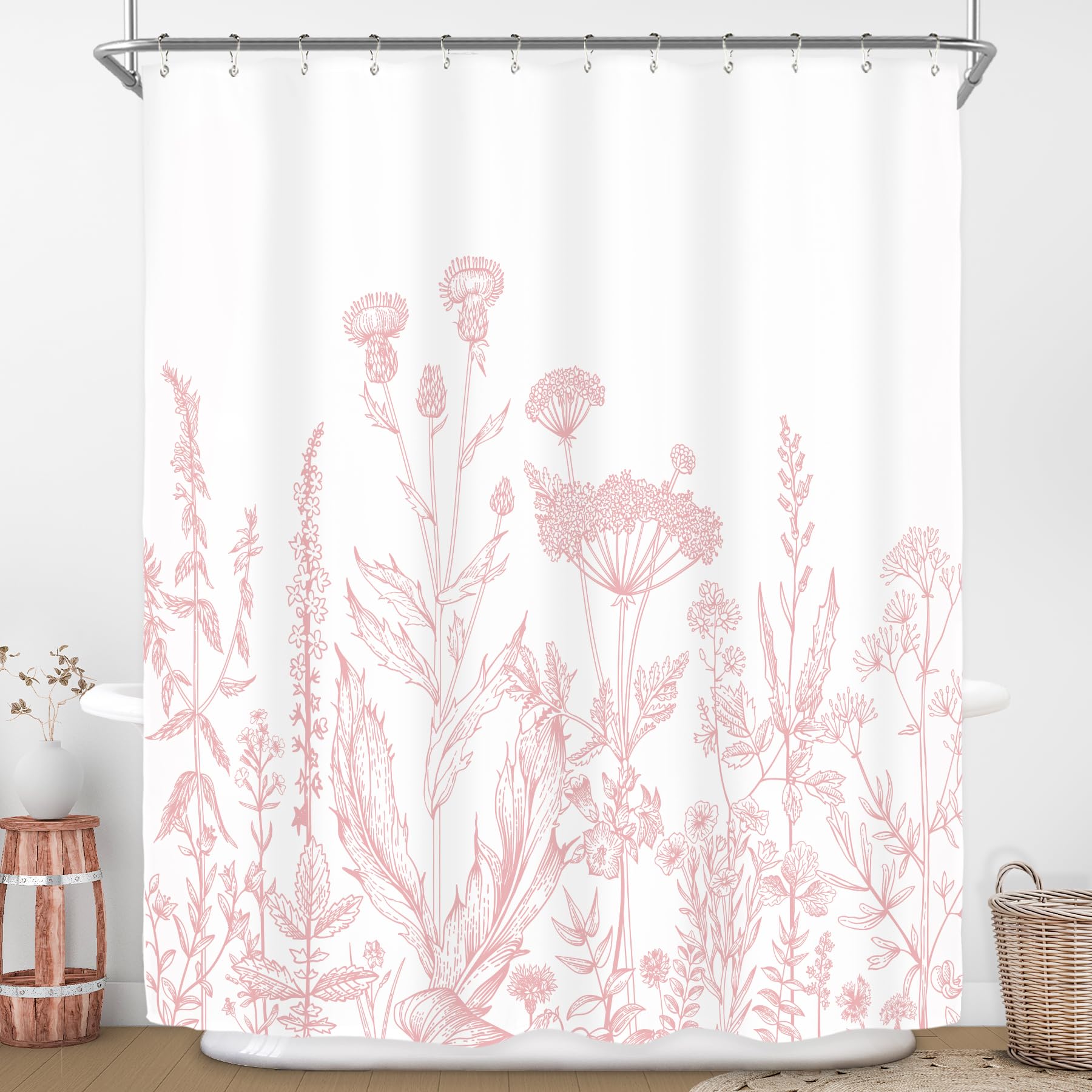 Riyidecor Pink Floral Wildflower Shower Curtain For Bathroom Decor 60Wx72H Girls Rustic Flower Botanical Farm Plant Leaves Herbs