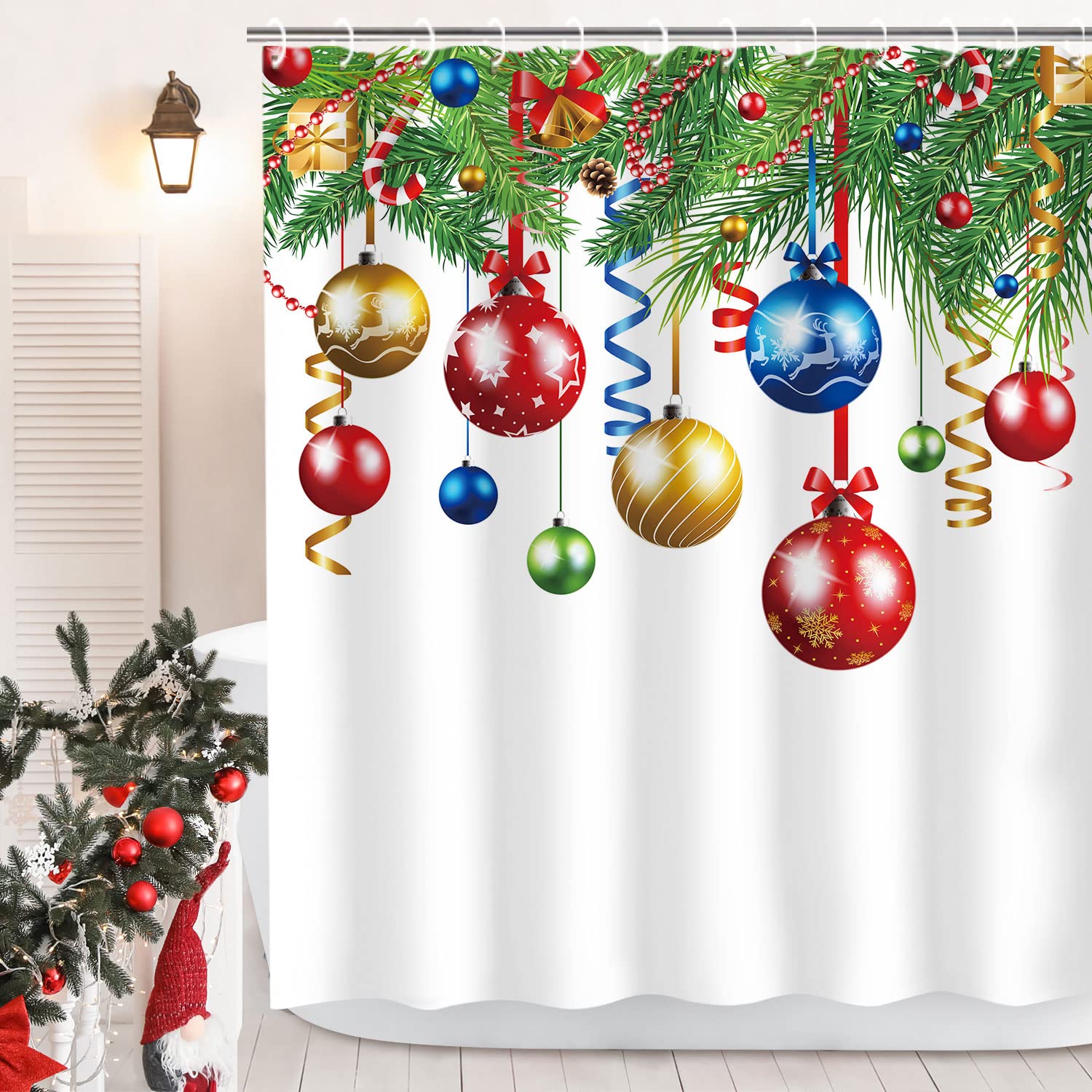 Rosielily Christmas Shower Curtain For Bathroom Xmas Shower Curtains Red Green Christmas Fabric Xmas Bathroom Set With Hooks Col
