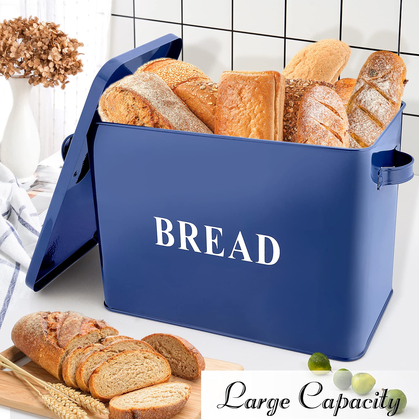E-far Navy Blue Bread Box for Kitchen Countertop  Metal Bread Bin Holder for Modern Farmhouse Decor  Extra Large & High Capacity Storage Container - 13'' x 9.8'' x 7.3'' - Holds 2+ Loaves  Vintage Style
