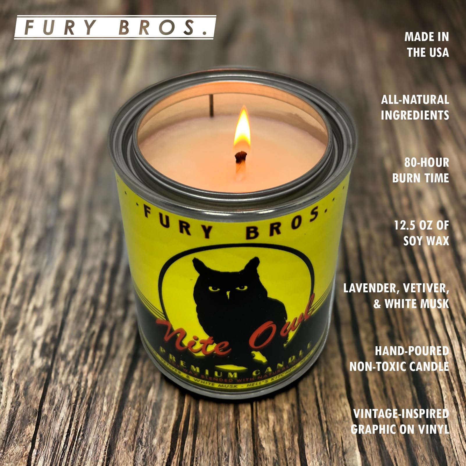 Fury Bros. Scented Candles for Men | Nite Owl | Lavender Vetiver White Musk | Natural Soy Wax | Hand-Poured in The USA | Long 70