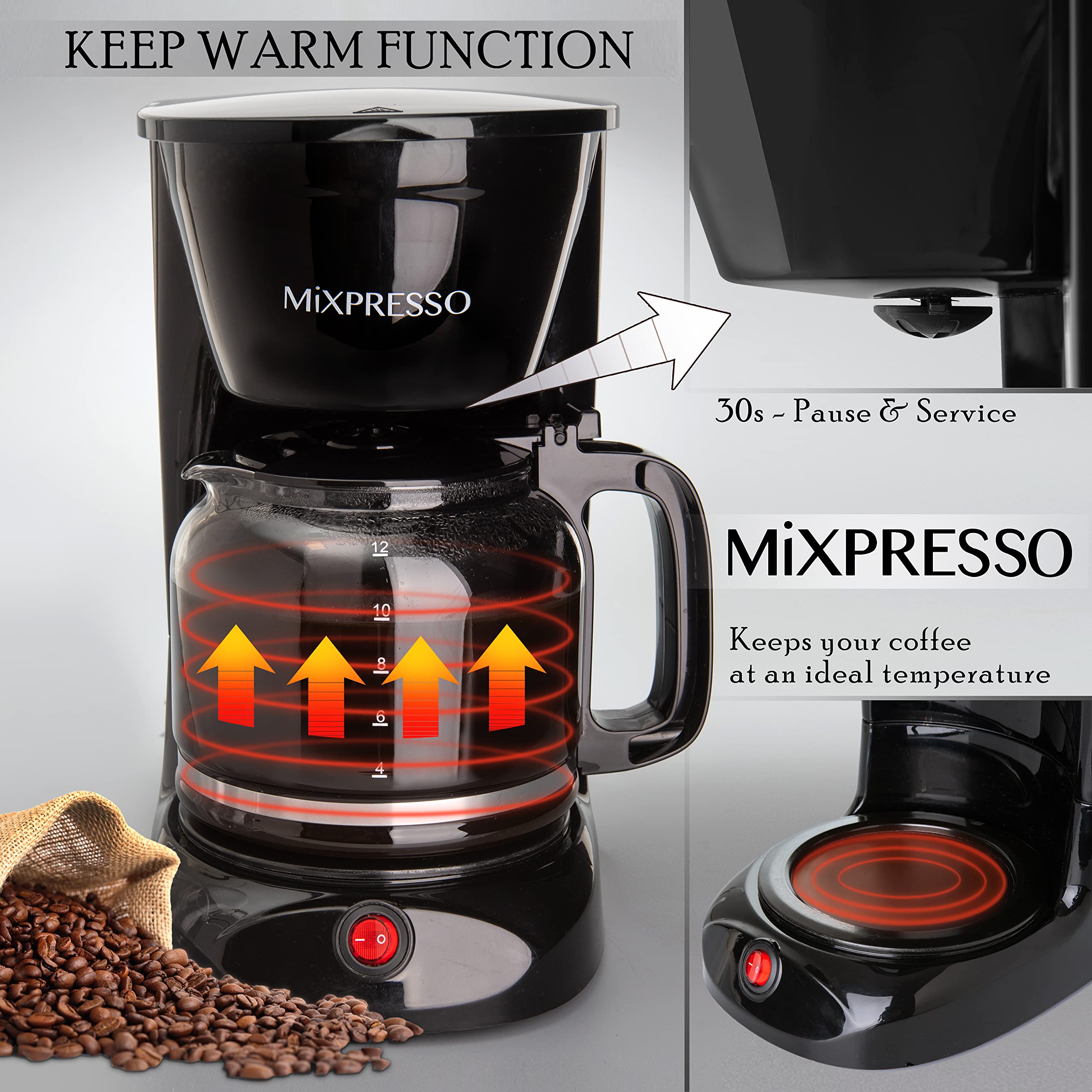 Mixpresso 12 Cup Coffee Pot, Auto-Off & Reusable Filter, Large Drip Coffee Maker 12 Cup Borosilicate Glass Carafe, Anti-Drip Cof