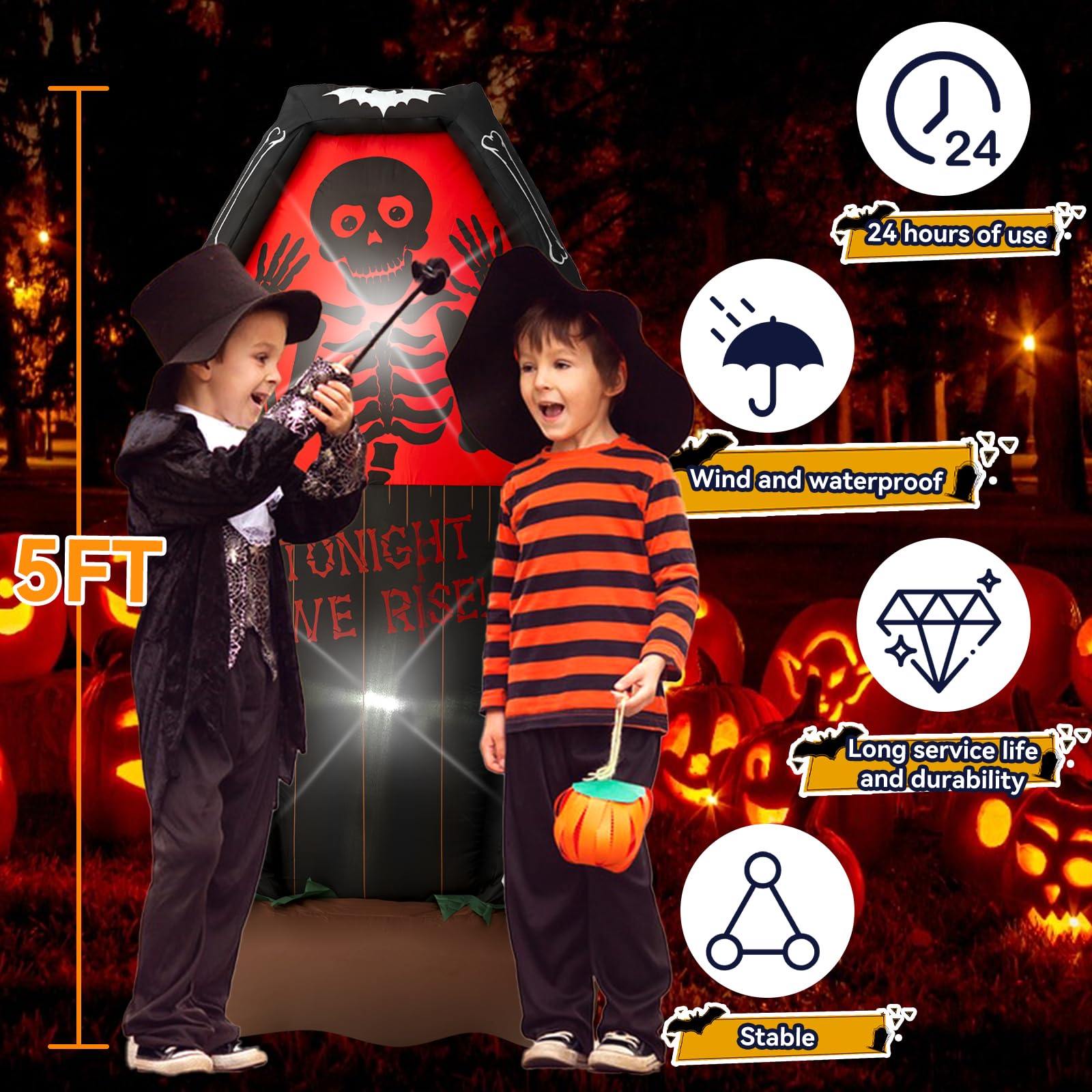 Halloween Inflatable, SHDEJTG 5 FT Coffin Inflatable Decoration with LED Lights Built-in for Outdoor, Holiday, Party, Yard, Gard