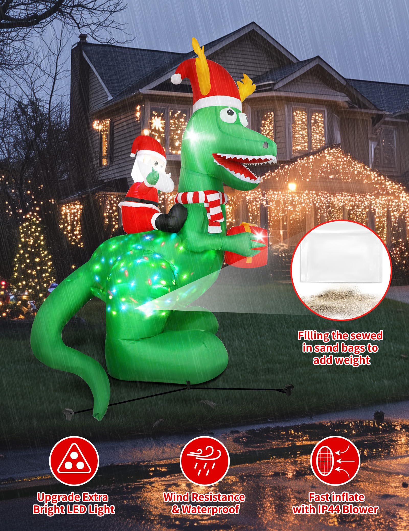 8ft Christmas Inflatables Dinosaur Outdoor Decorations with Bright LED and Disco Light, Santa Claus Riding Dinosaur Holding Gift