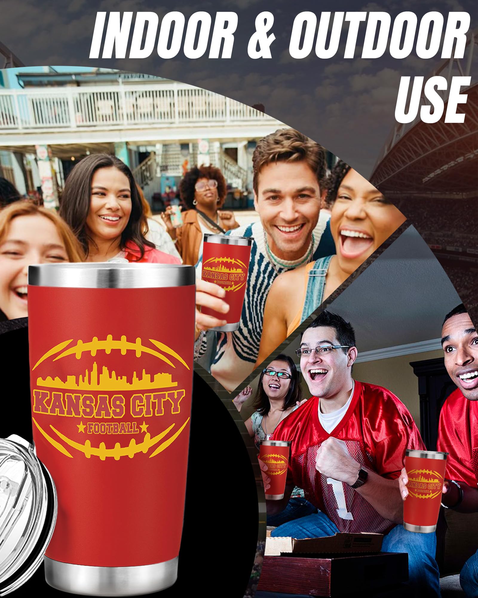 Football Fan 20 Oz Insulated Travel Coffee Cup Mug Tumbler with Lid Kansas City Themed Merch Shop Men Women Sport Stuff Gear App