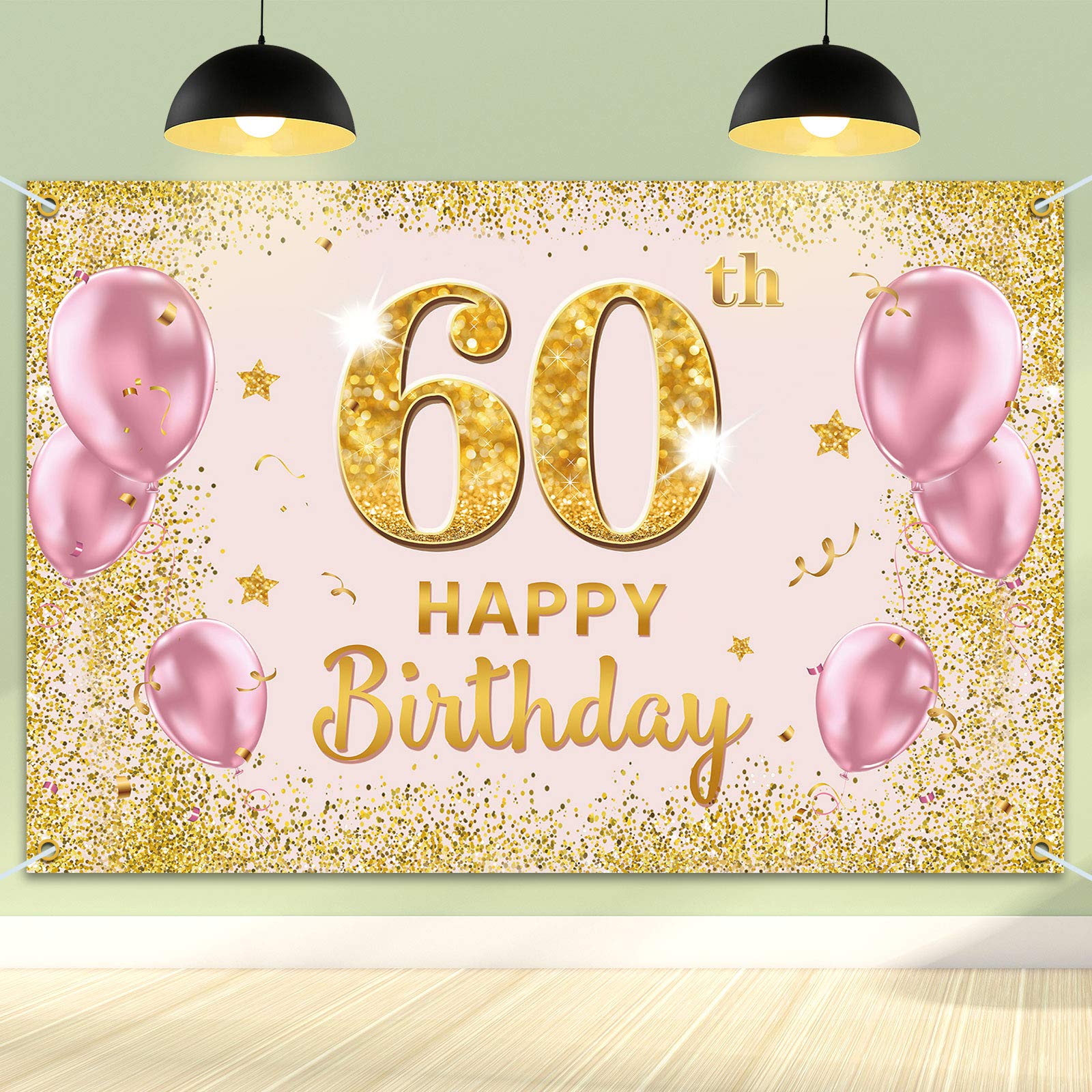 Pakboom Happy 60Th Birthday Backdrop Banner - 60 Birthday Party Decorations Supplies For Women - Gold Pink 3.9 X 5.9Ft