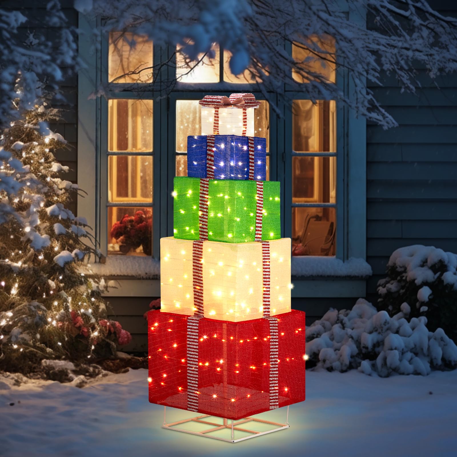 6FT Lighted Gift Boxes Tower, Outdoor Christmas Decorations with 200 White LED Lights, Pre-lit Stacked Light Up Present Boxes Or