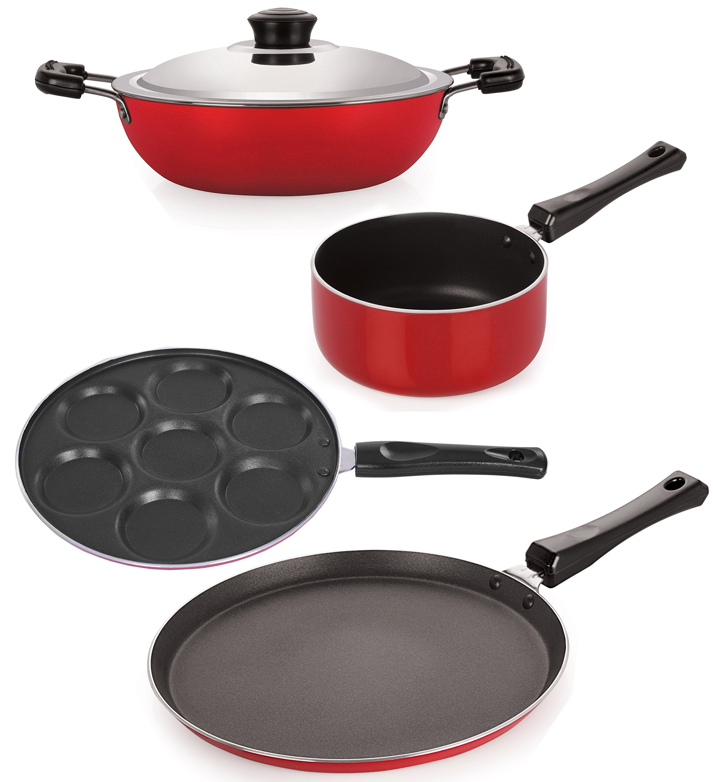 Nirlon NonStick Aluminium Cookware Set, 4Pieces, Red (26_Ft12_Dkdm_Spm_Up)