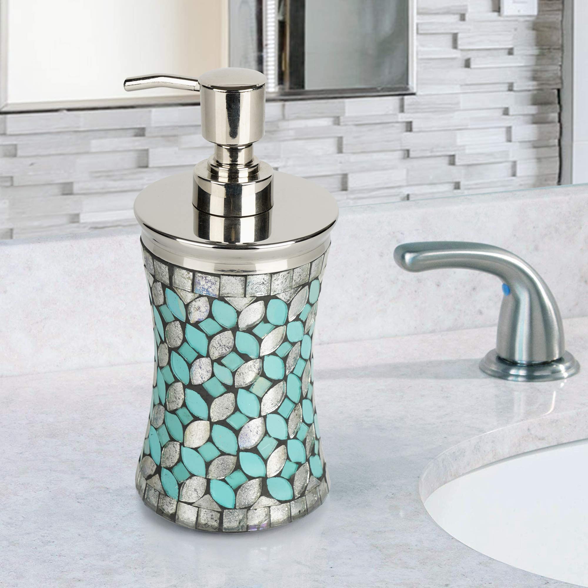Nu Steel Sea Foam Soap/ Lotion Pump Dispenser In Aqua Blue/Silver Glass Mosaic/ Stainless Steel For Bathrooms & Vanity Spaces
