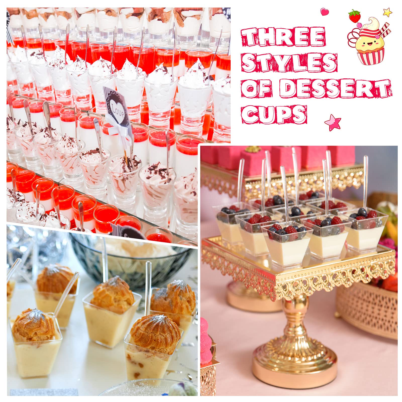 Jerify 150 Pack Plastic Dessert Cups With Lids And Spoons 3 Oz Mini Dessert Cups With Spoons 5.4 Oz Square Clear Dessert Shooter