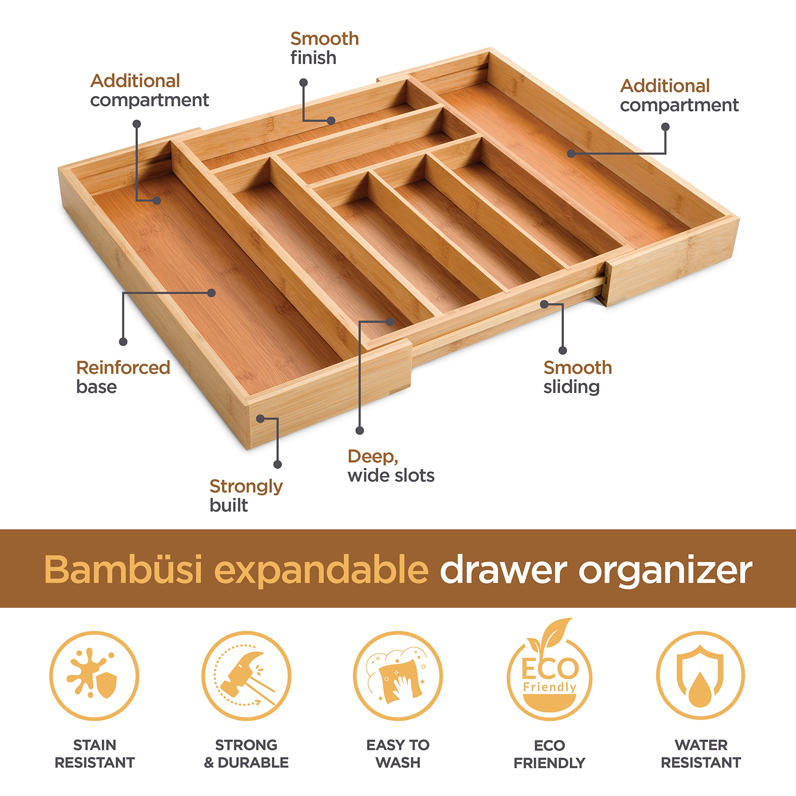 Bambsi Expandable Silverware Organizer - Bamboo Kitchen Drawer Organizer, Utensil Holder - Drawer Organization And Storage In Ki