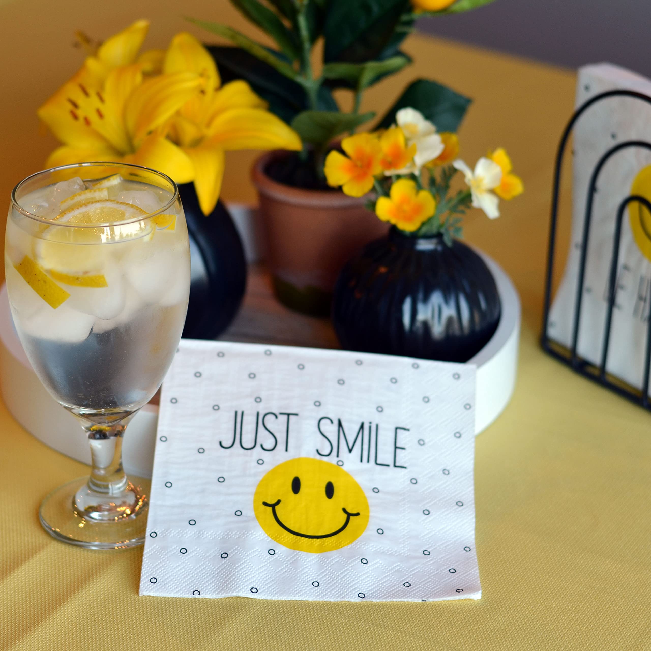 60 Count Smiley Face Party Napkins, 3 Packs Of 20, 3 Ply Paper, Luncheon Size 6.75 X 6.75 Inches, Yellow And Black On White