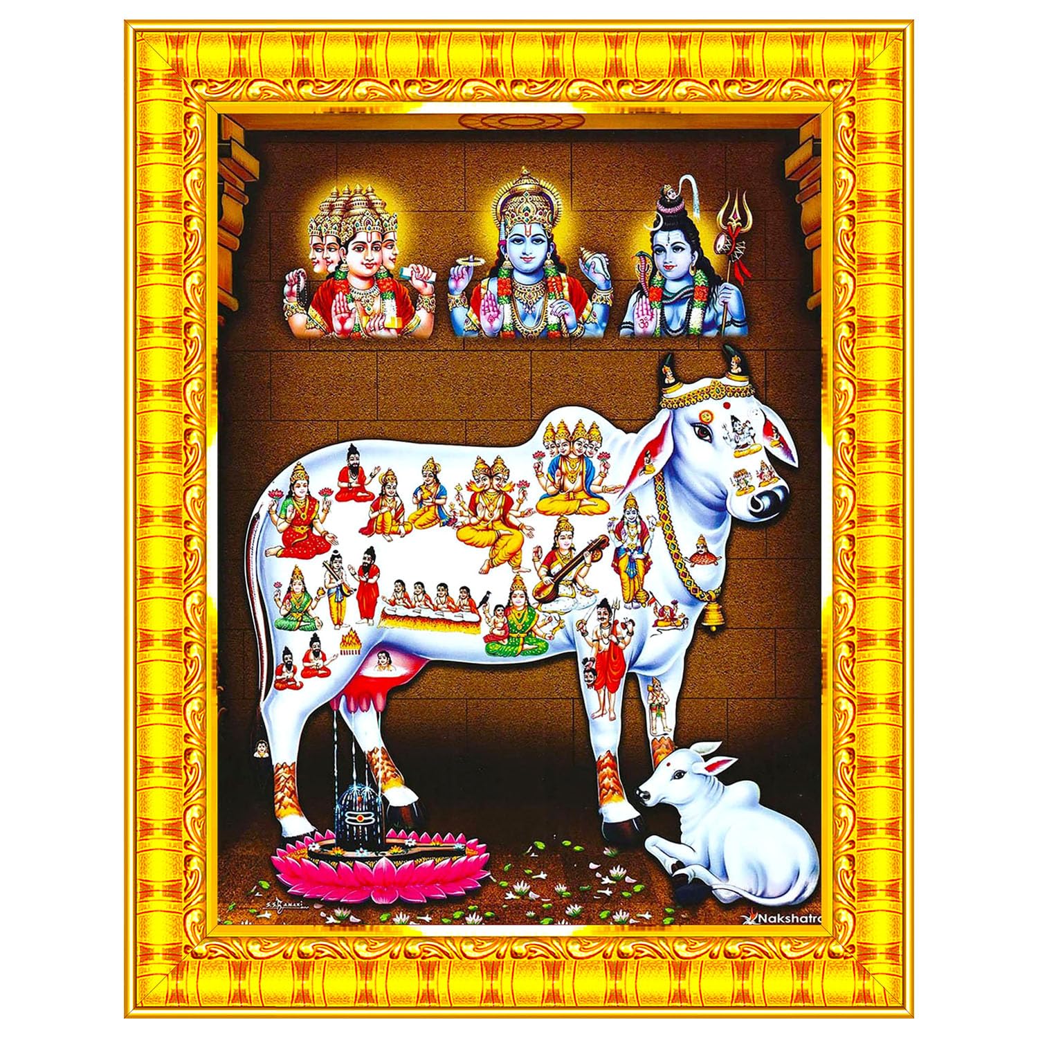 Pavan Photo Laminations Gomatha Gomata Komatha Cow And Calf Kamdhenu Wall Painting Framed Home Decor (Wood,Matte,Gold,Big Size,1