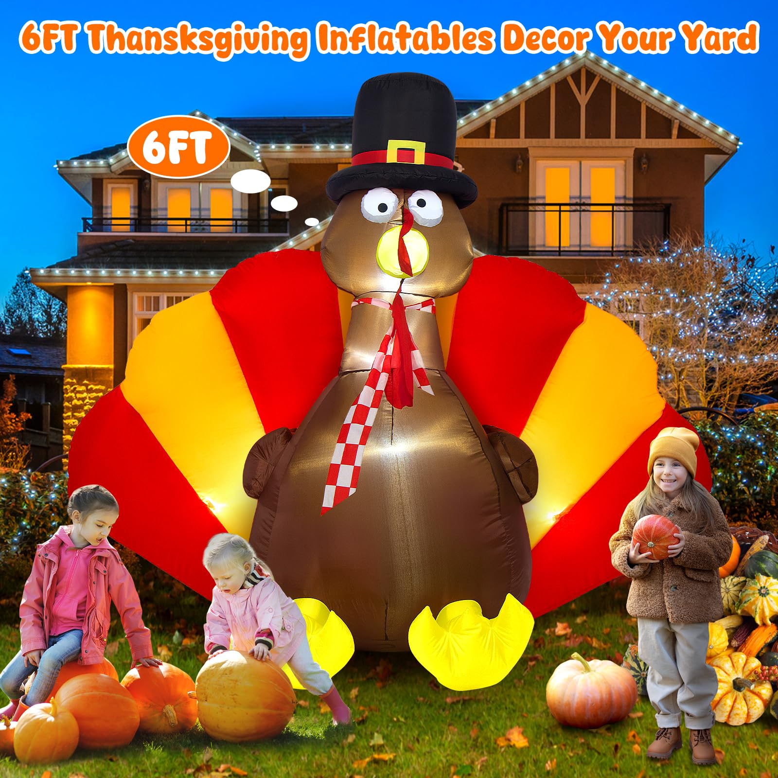 Sizonjoy Inflatable Turkey Decorations,6 Ft Thanksgiving Inflatables Outdoor Decorations with Built-in LED Lights & Fan Outdoor