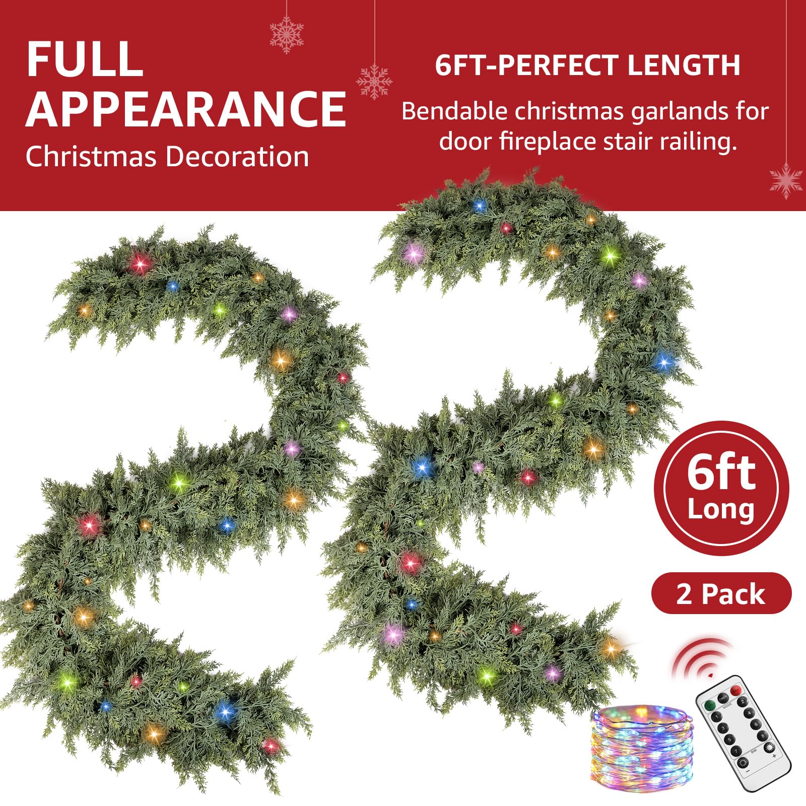 Cedar Christmas Garland with Lights for Mantle - 2 pack Decorations 6 ft Realistic Lighted Faux Pine Garlands for Xmas Home Deco