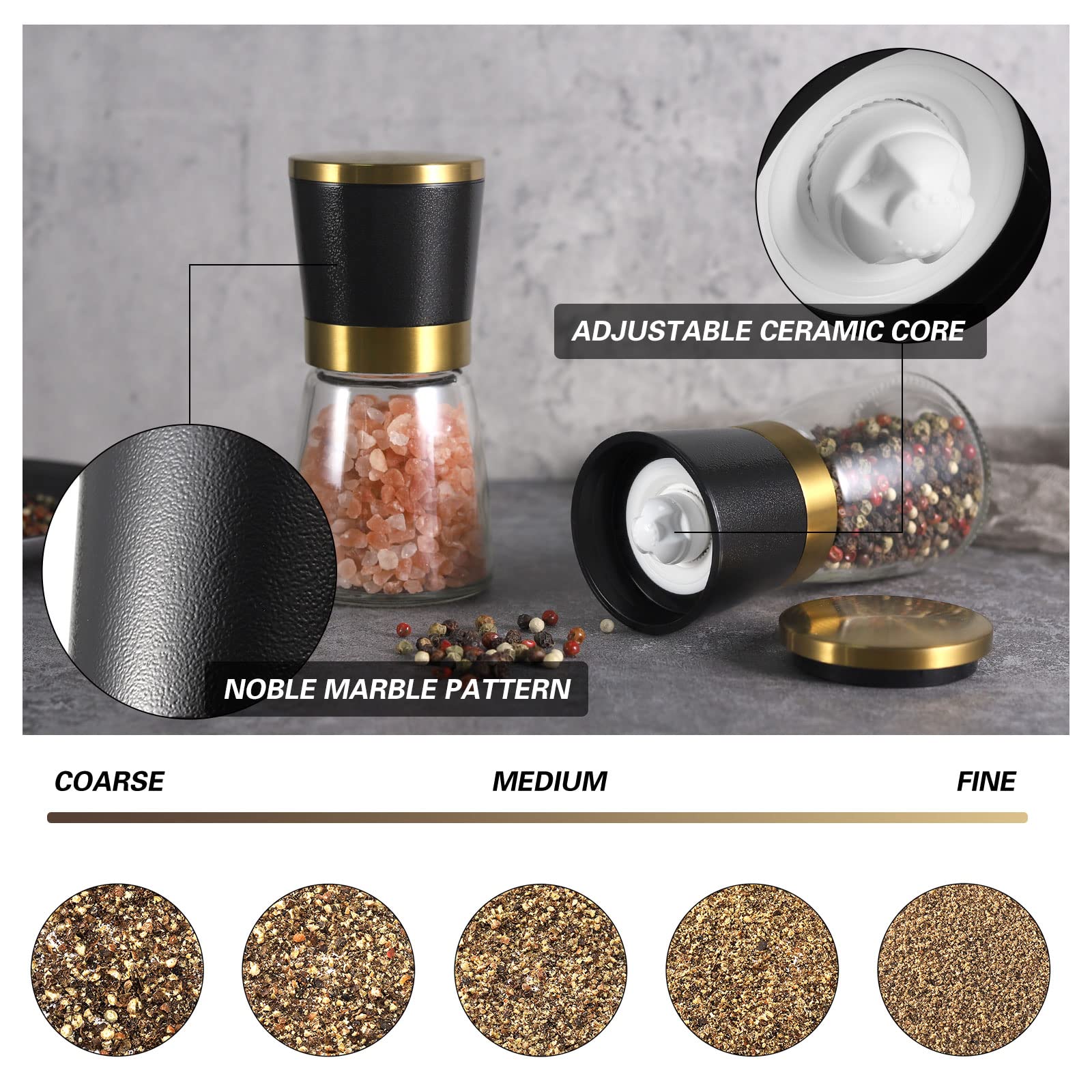 Vevok Chef Gold Salt And Pepper Grinder Set Stainless Steel Salt And Pepper Mill Set Ceramic Adjustable Coarseness Spice Grinder
