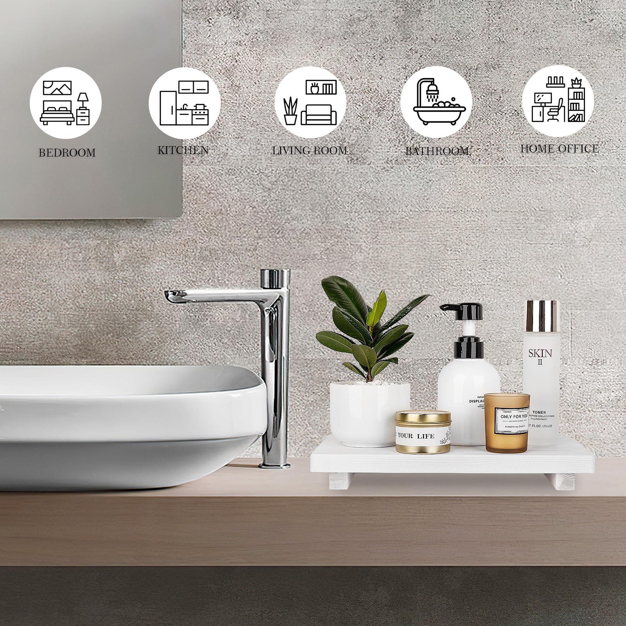 Bathroom Counter Organizer Wood Pedestal Stand Farmhouse Decorative Tray Soap Holder For Kitchen Decor, Large 11.8'' X 7'' - Whi